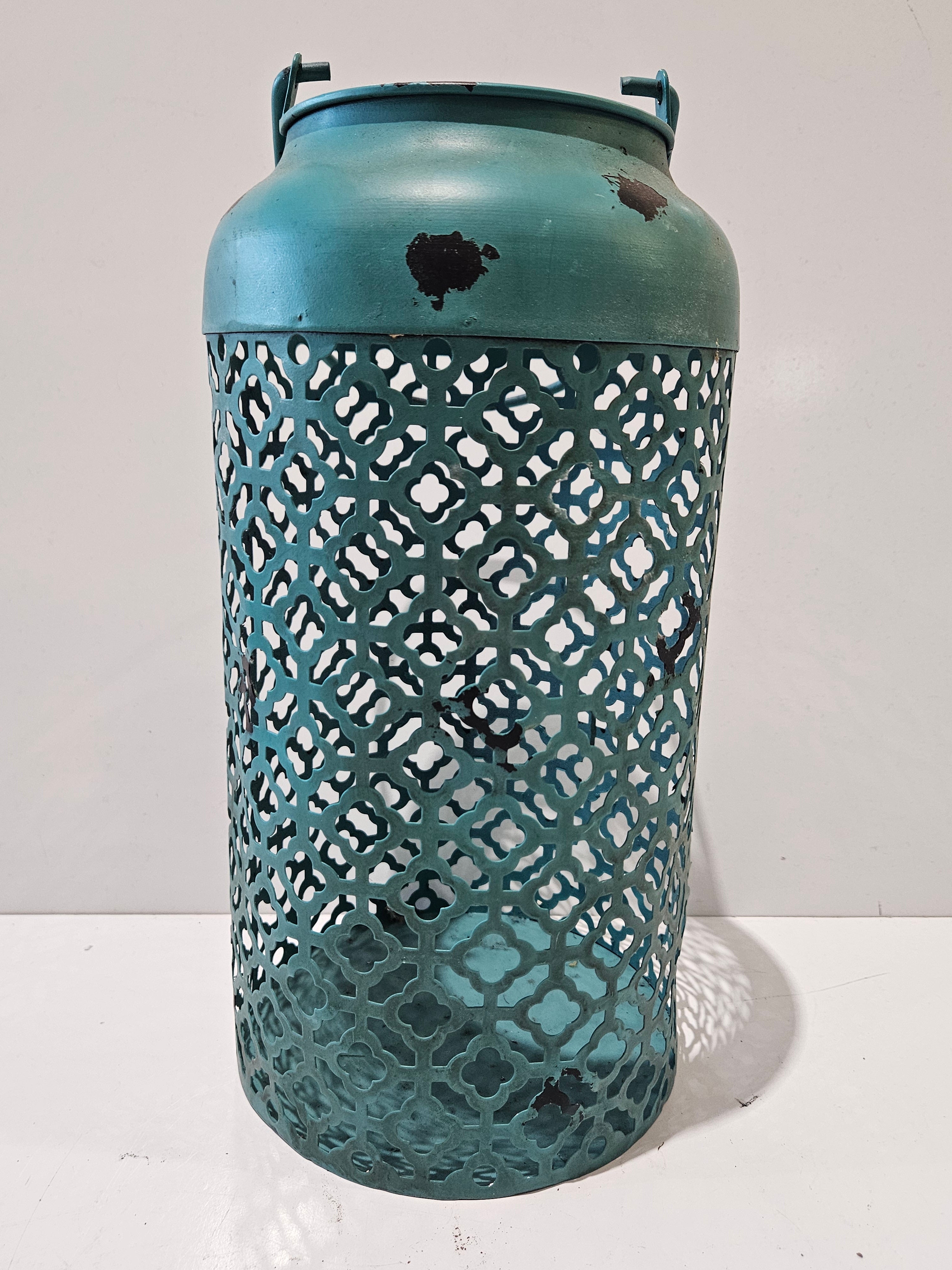 Distressed Teal Metal Moroccan Style Hanging Lantern Candle Holder Home Decor
