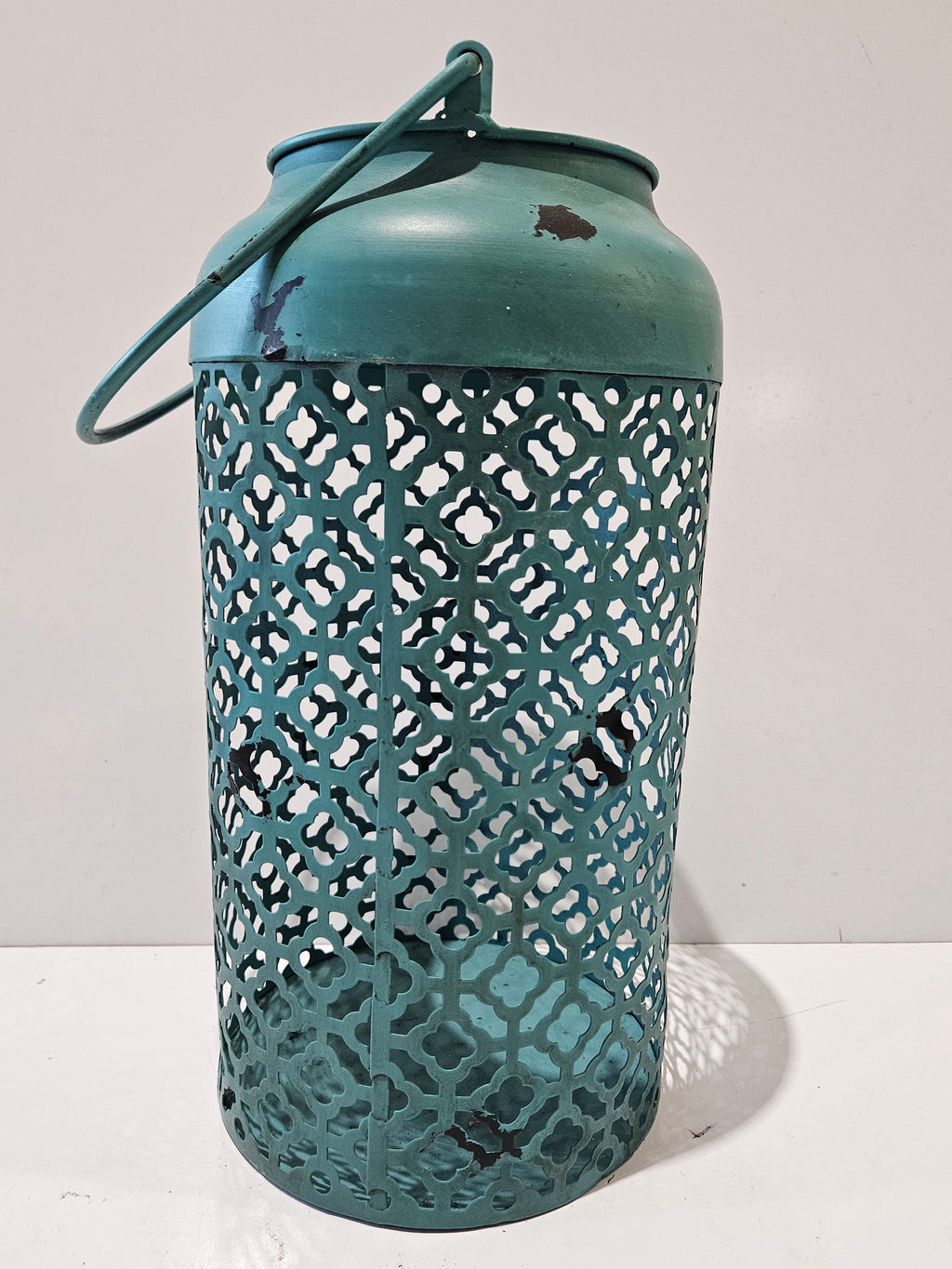 Distressed Teal Metal Moroccan Style Hanging Lantern Candle Holder Home Decor