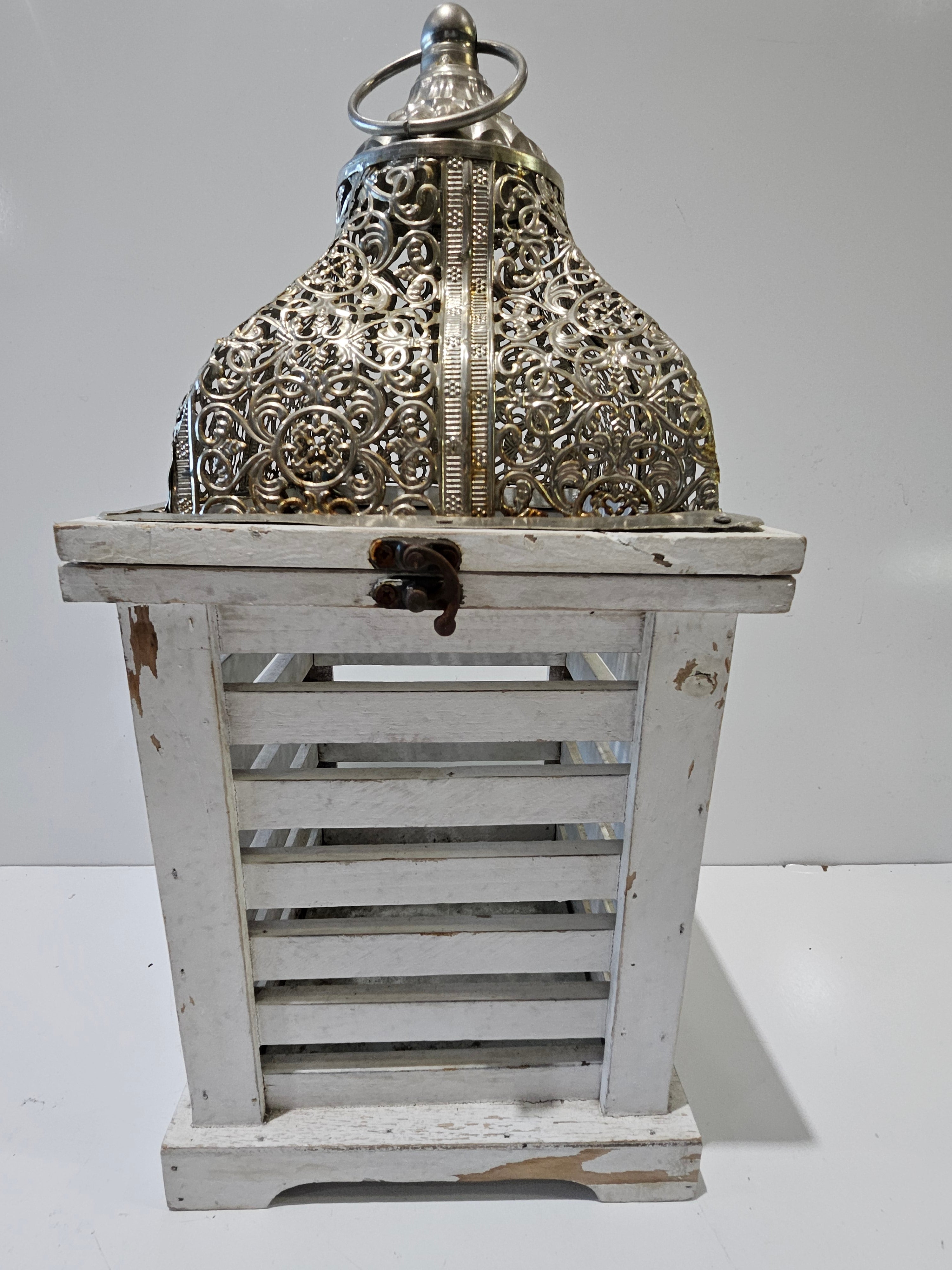 Distressed White Wood And Metal Decorative Lantern Candle Holder Farmhouse Decor
