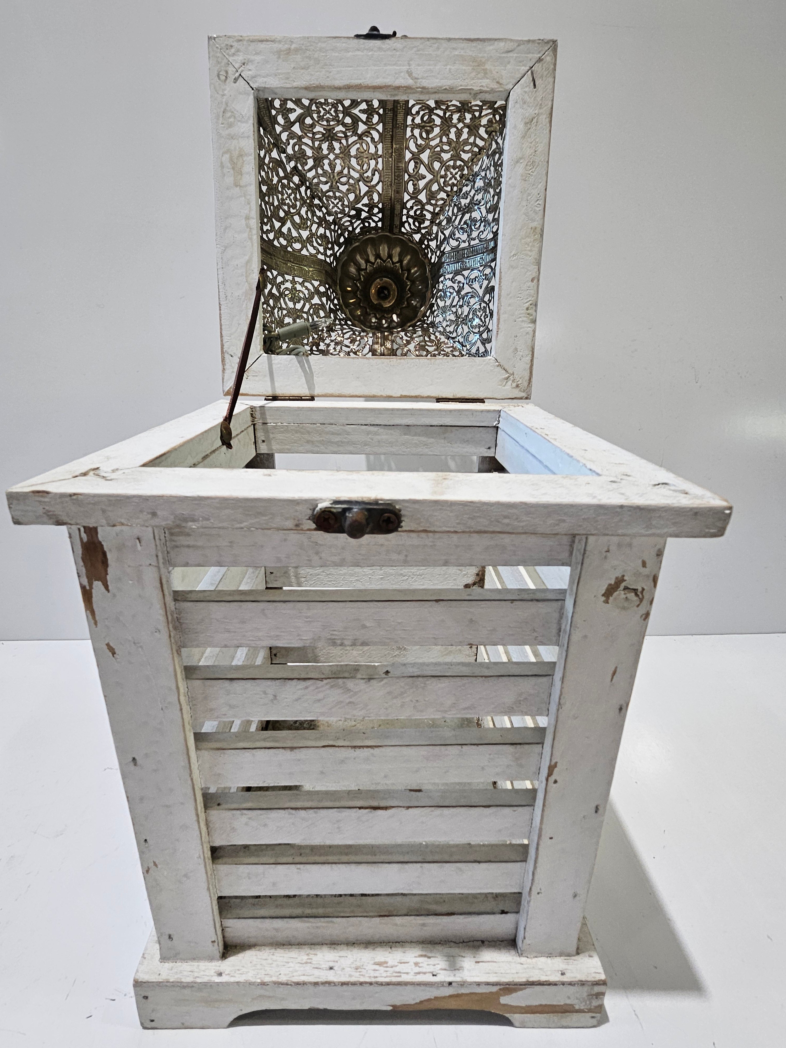 Distressed White Wood And Metal Decorative Lantern Candle Holder Farmhouse Decor