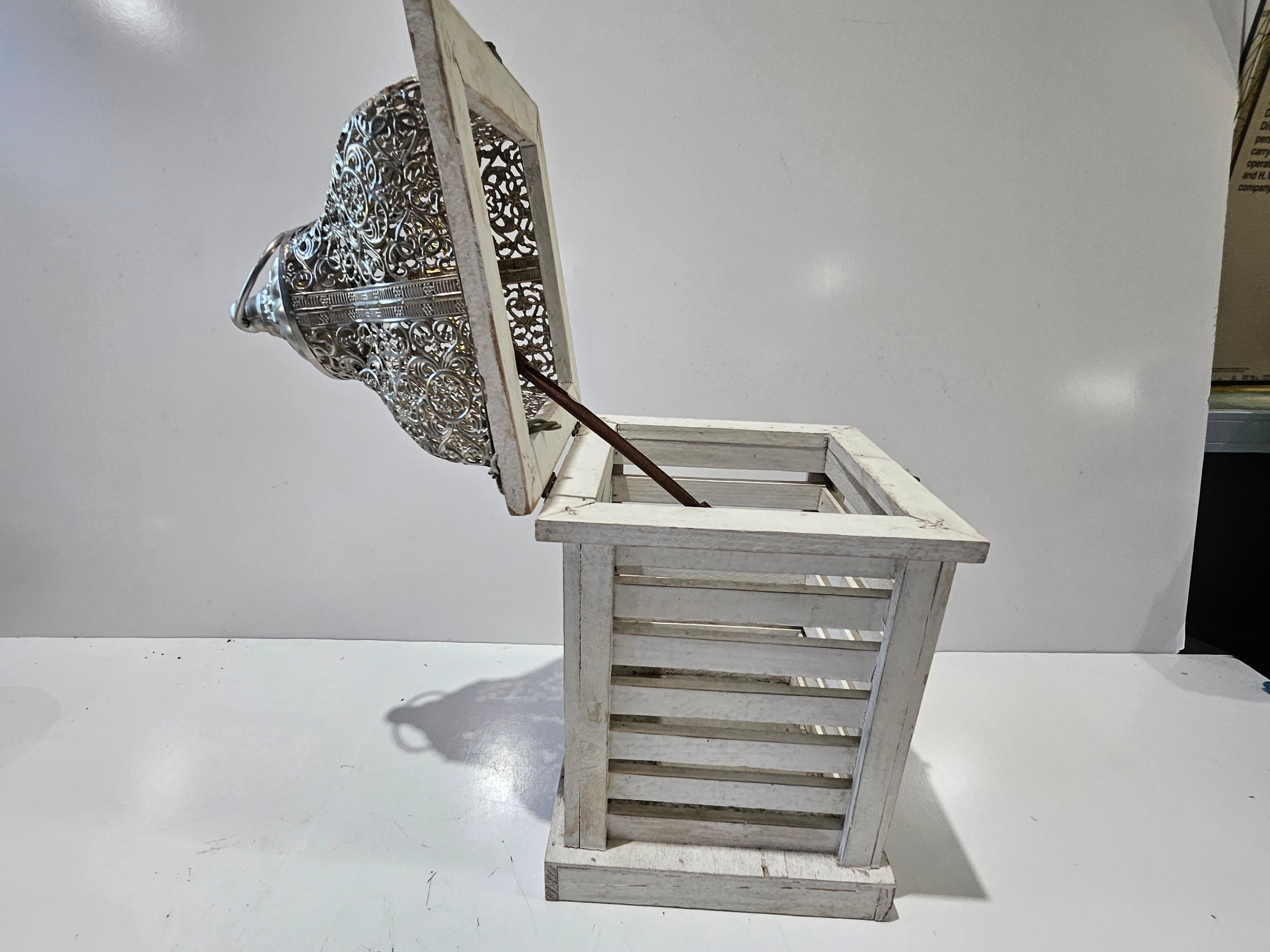 Distressed White Wood And Metal Decorative Lantern Candle Holder Farmhouse Decor