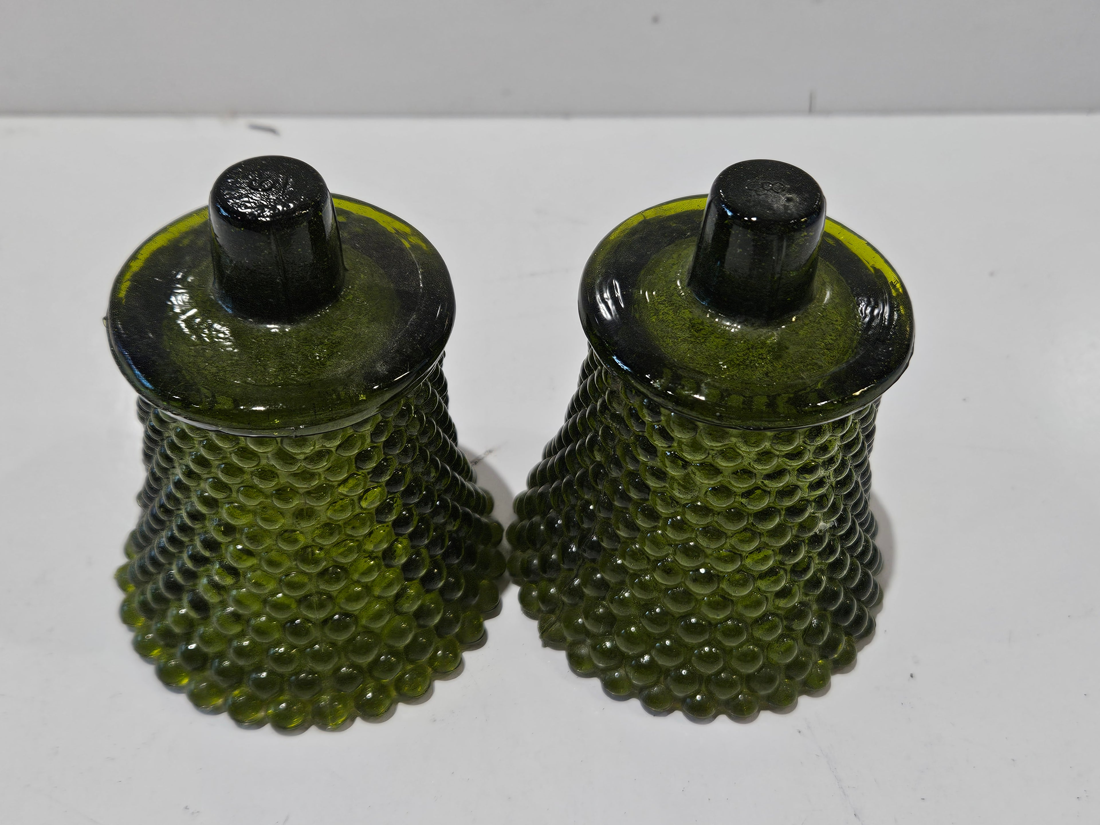 Vintage Olive Green Hobnail Glass Fairy Lamp Shade Candle Cover Display Piece