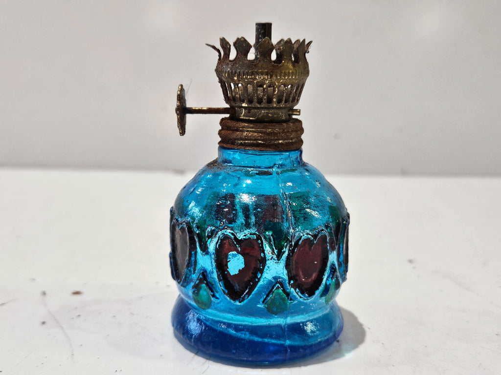 Vintage Blue Glass Miniature Kerosene Oil Lamp Heart Panel Collectible Accent Lamp