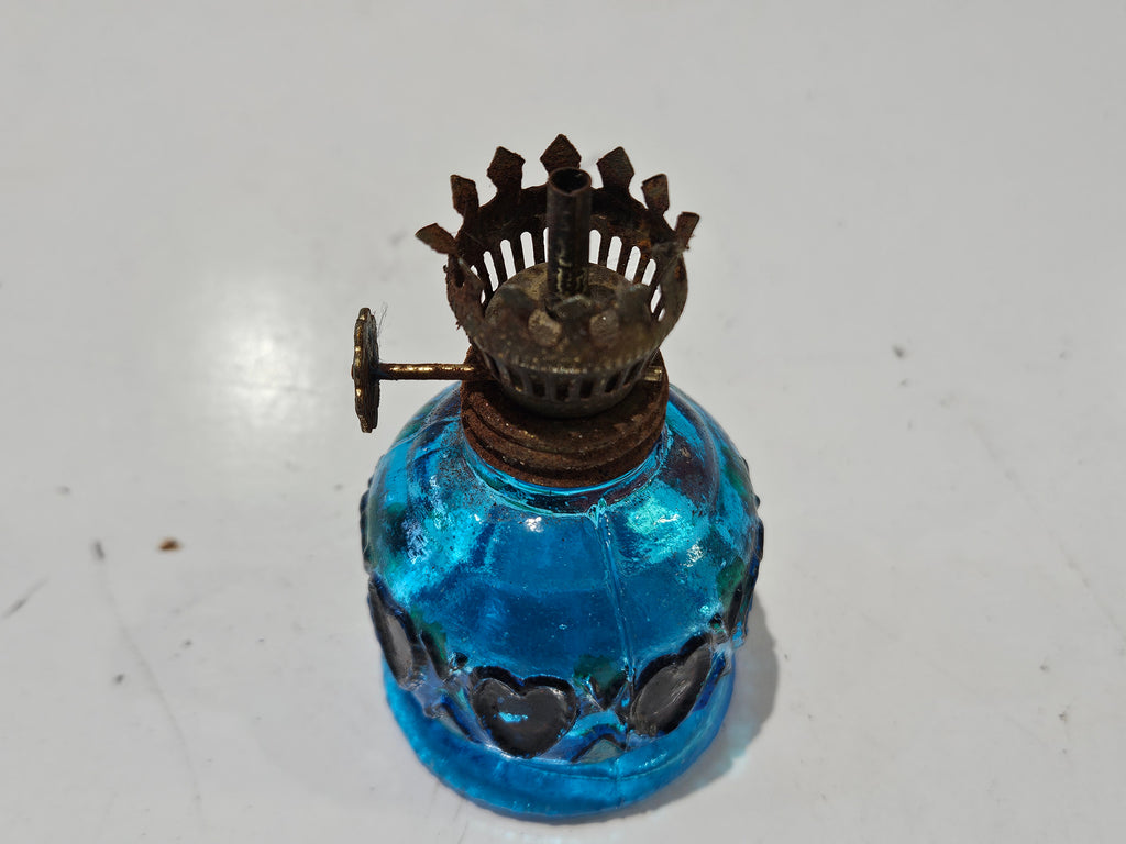 Vintage Blue Glass Miniature Kerosene Oil Lamp Heart Panel Collectible Accent Lamp