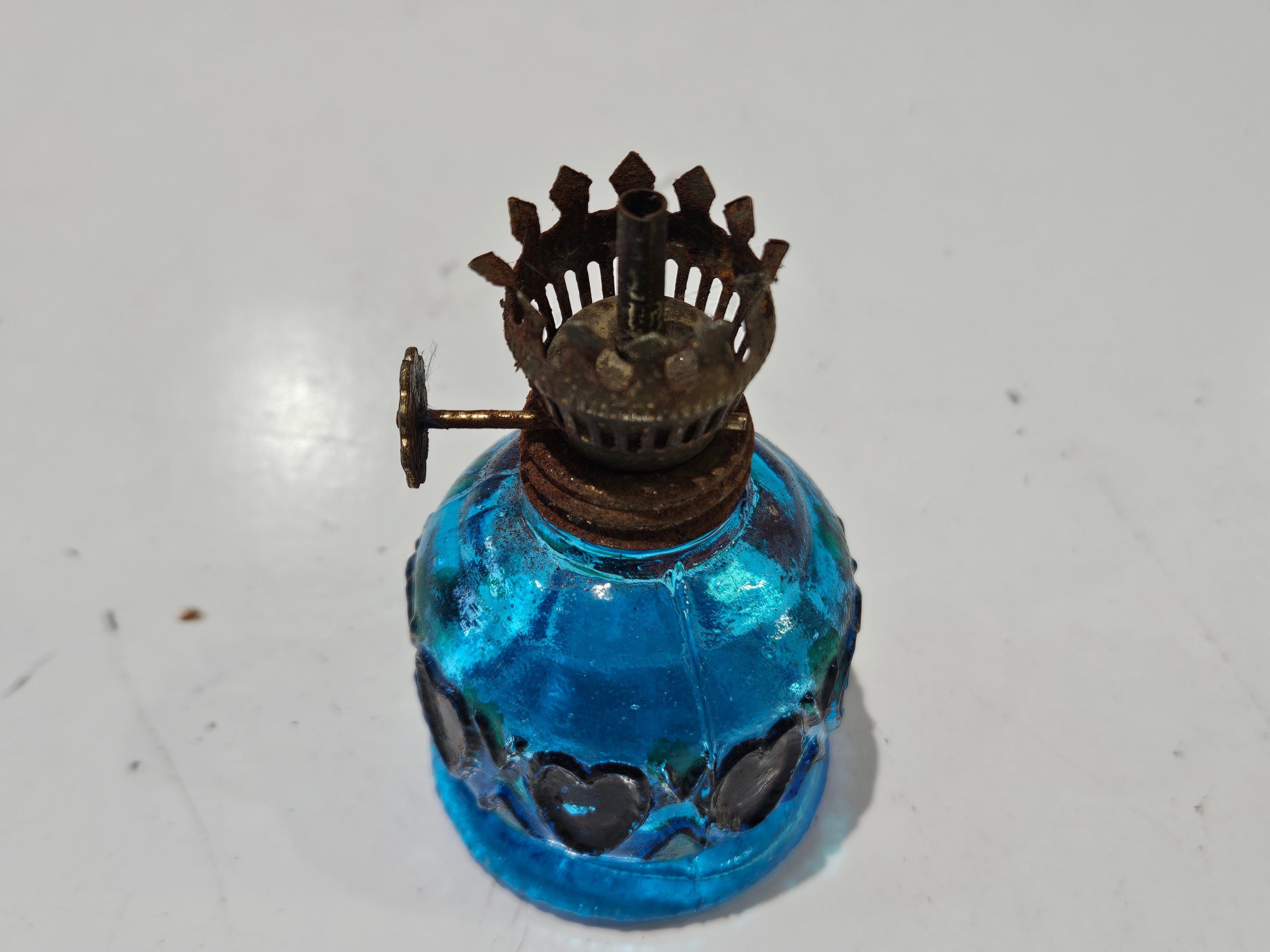 Vintage Blue Glass Miniature Kerosene Oil Lamp Heart Panel Collectible Accent Lamp