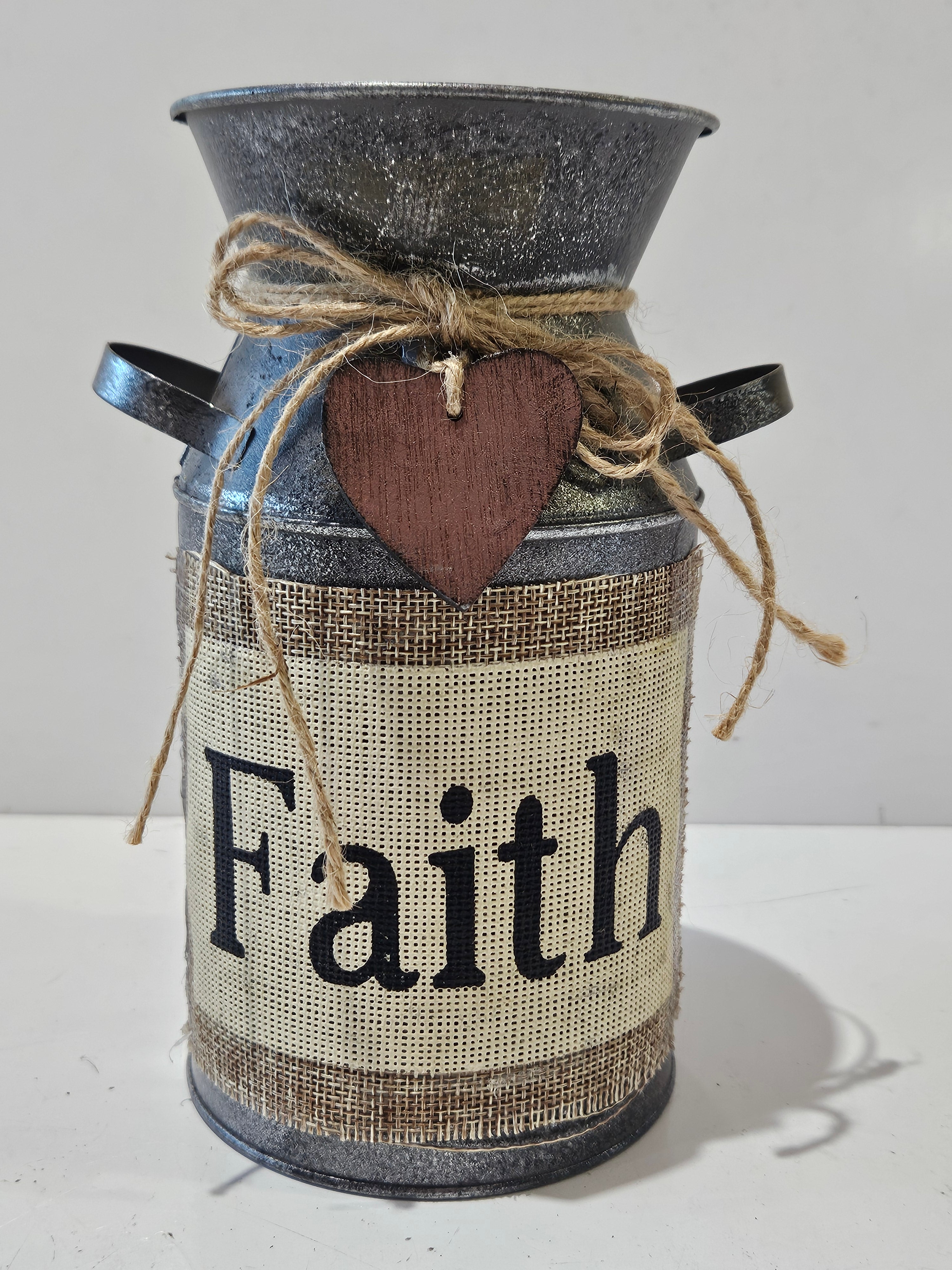 Rustic Farmhouse Metal Milk Can Faith Floral Vase Decorative Table Centerpiece
