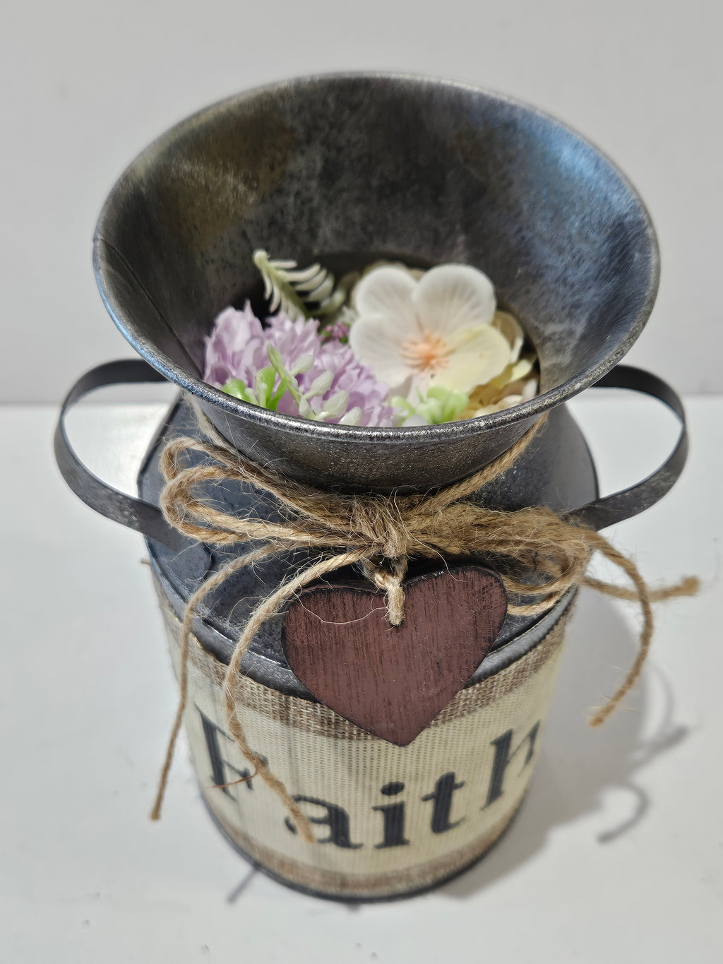Rustic Farmhouse Metal Milk Can Faith Floral Vase Decorative Table Centerpiece