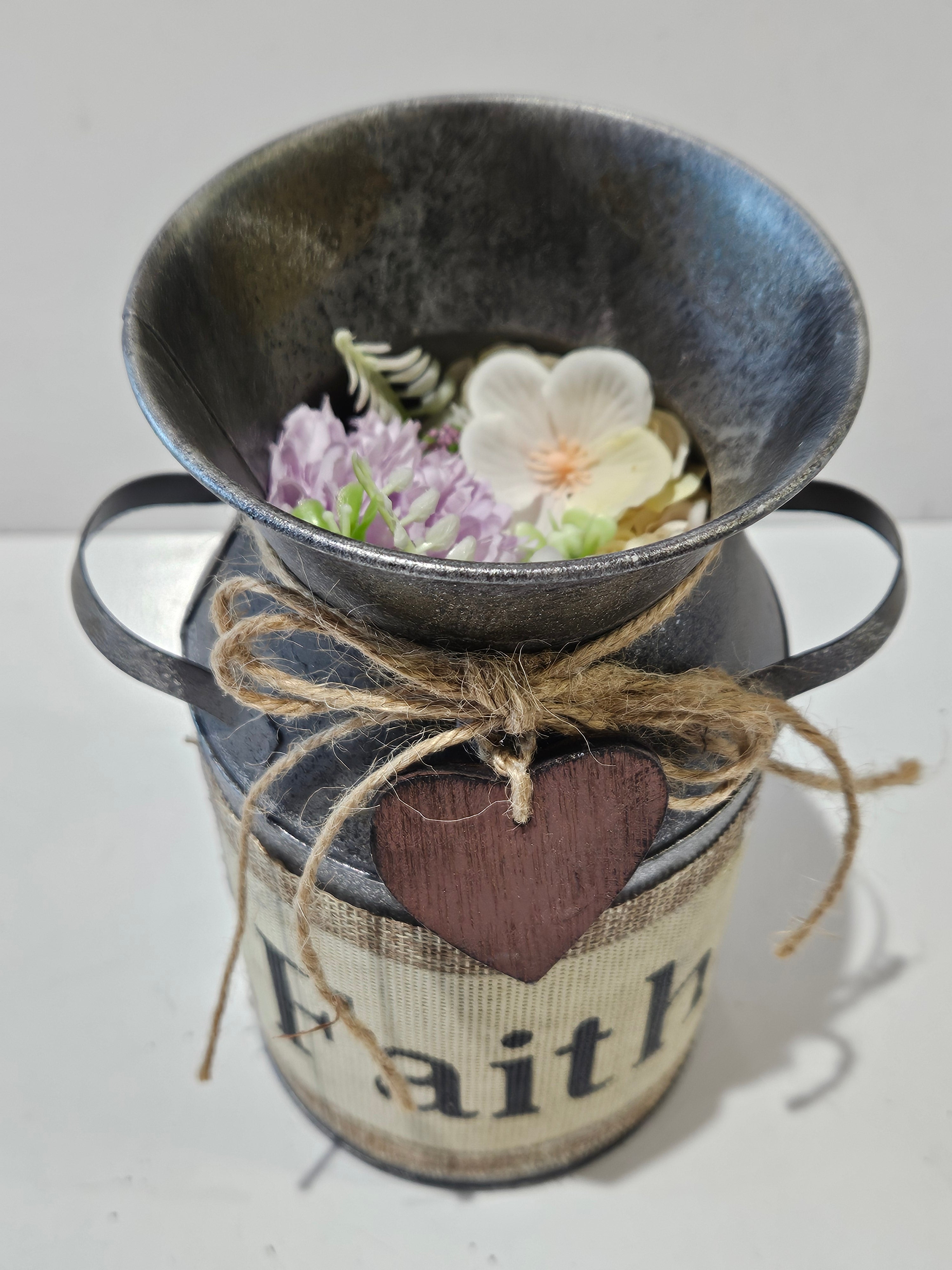 Rustic Farmhouse Metal Milk Can Faith Floral Vase Decorative Table Centerpiece