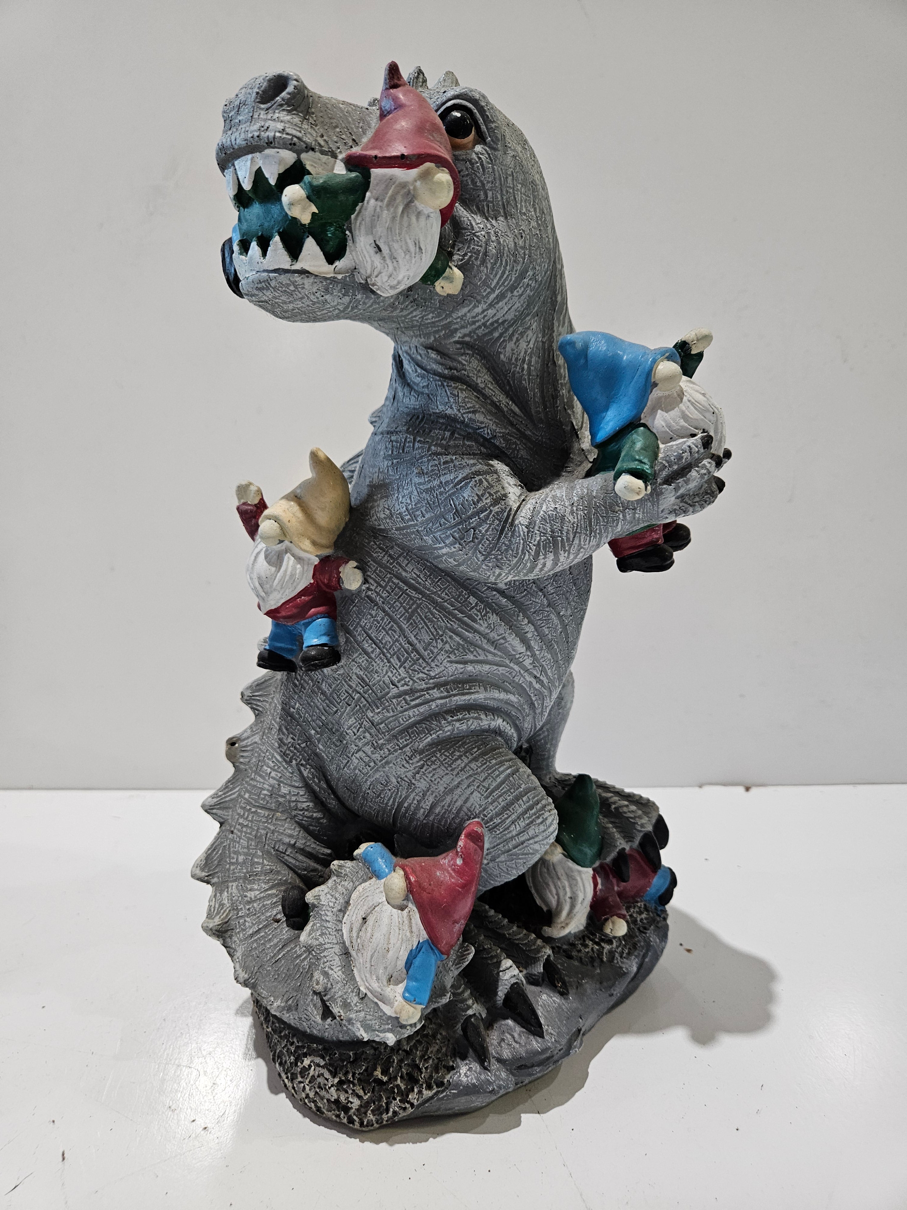 Whimsical T-Rex Dinosaur Holding Garden Gnomes Resin Statue Fantasy Home Decor