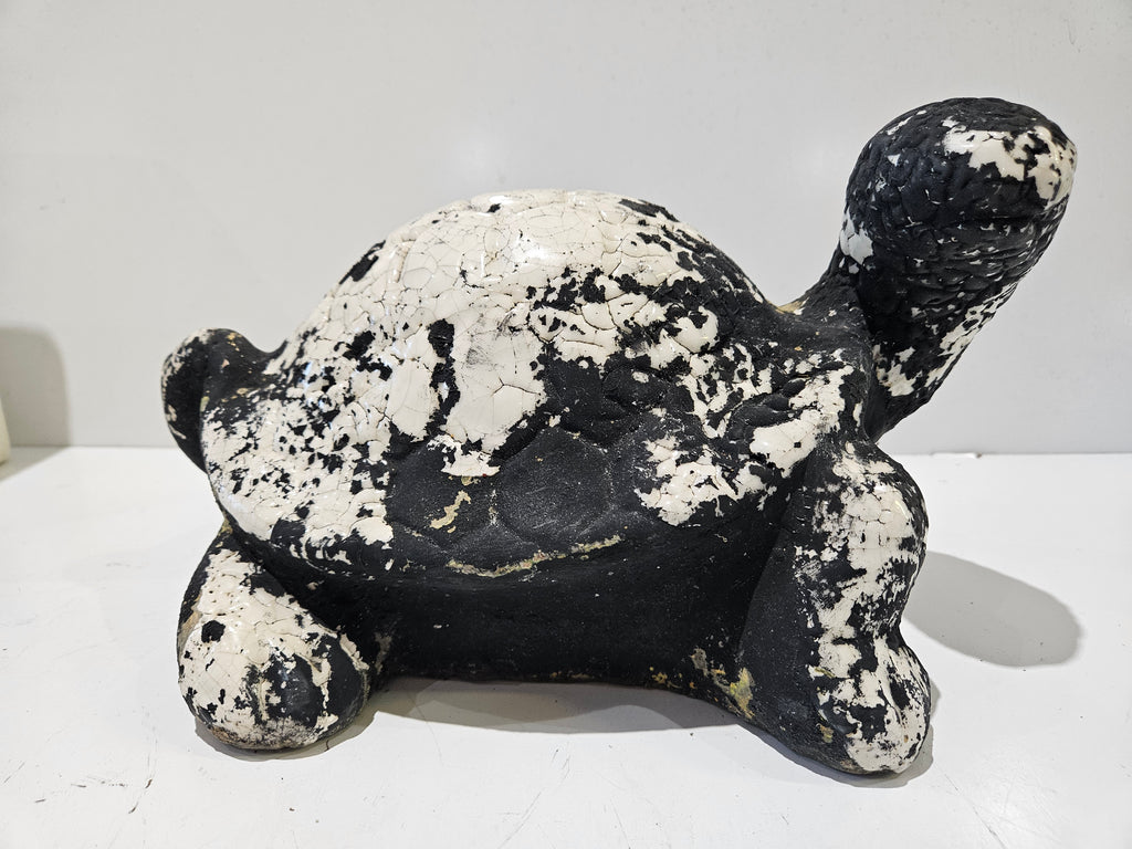 Handcrafted Black White Crackle Ceramic Turtle Figurine Folk Art Home Decor Statue