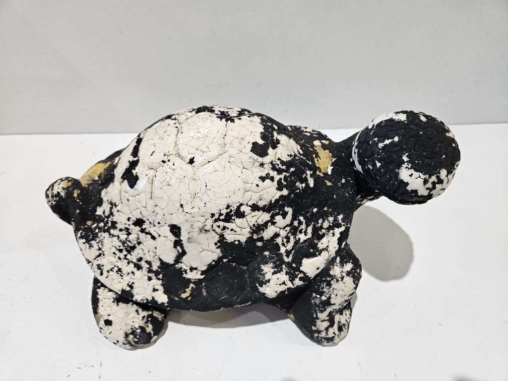 Handcrafted Black White Crackle Ceramic Turtle Figurine Folk Art Home Decor Statue