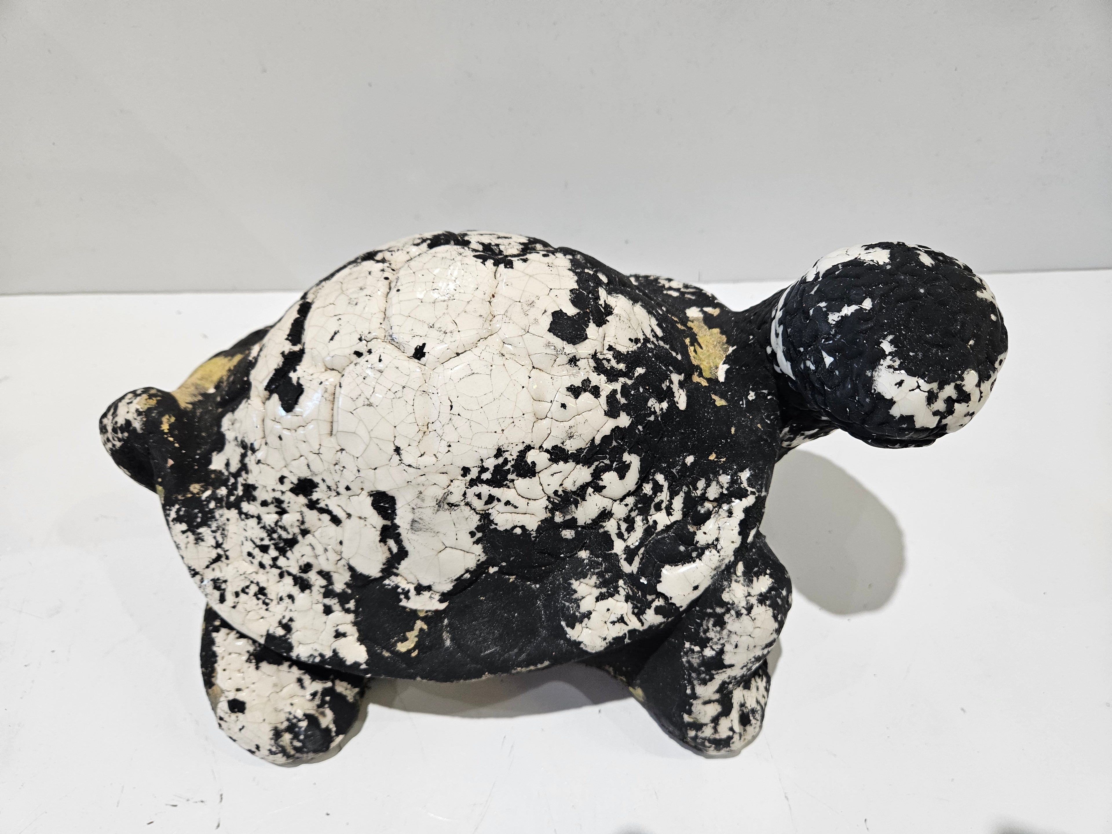 Handcrafted Black White Crackle Ceramic Turtle Figurine Folk Art Home Decor Statue