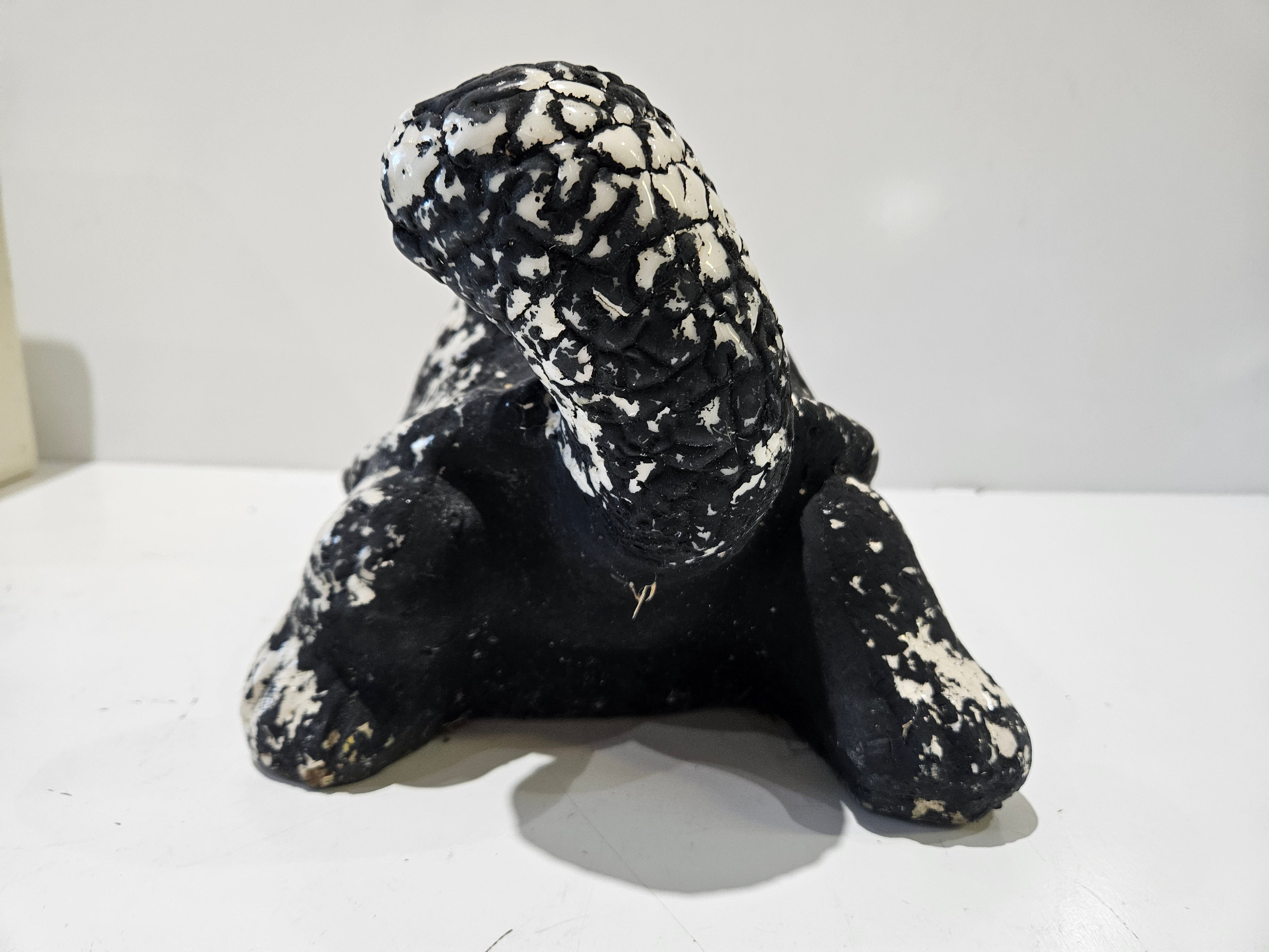 Handcrafted Black White Crackle Ceramic Turtle Figurine Folk Art Home Decor Statue