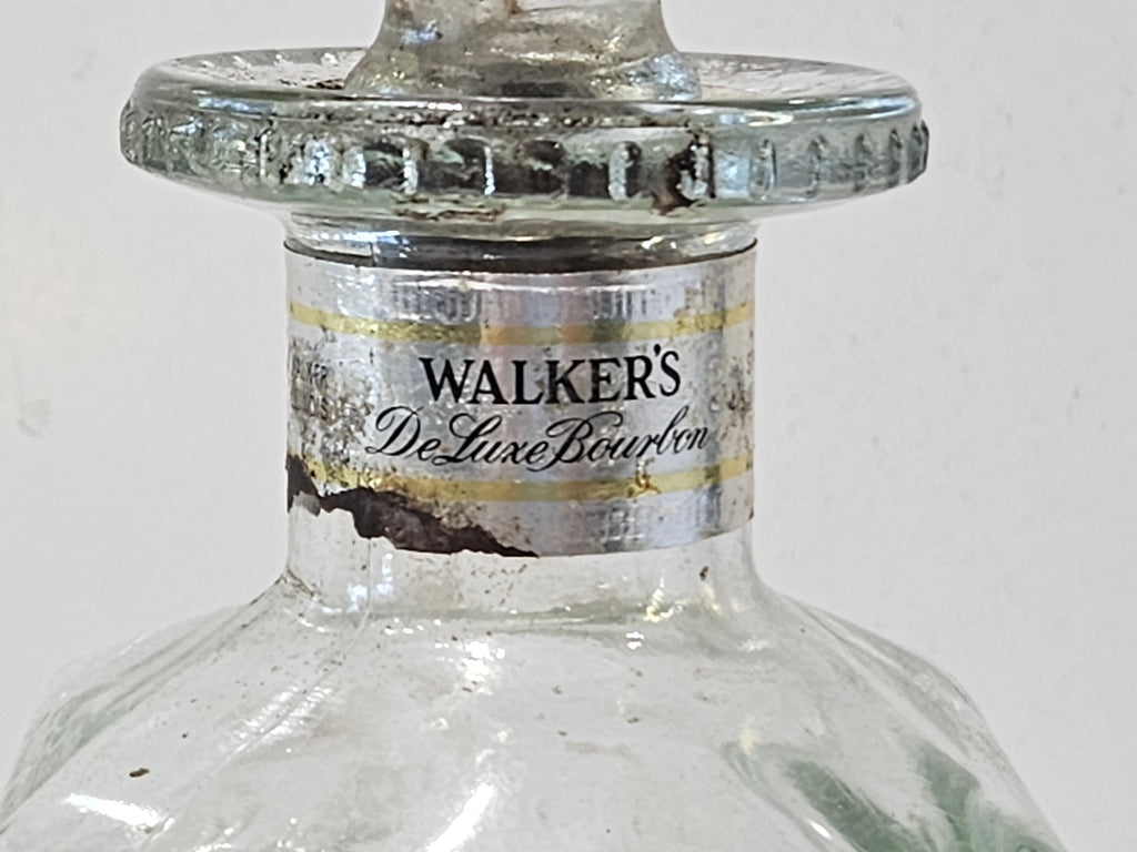 Vintage Hiram Walker's Deluxe Bourbon Embossed Glass Decanter Bottle With Stopper