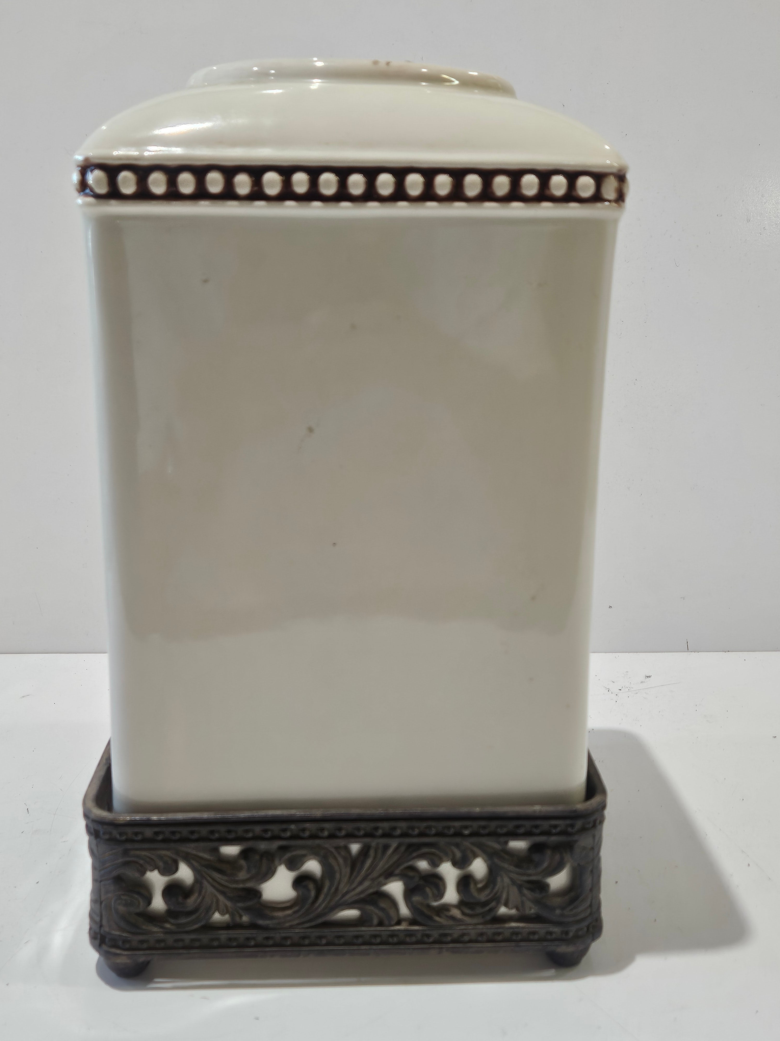 Precious Goods Ceramic Tissue Box Cover With Decorative Metal Scroll Base Ivory
