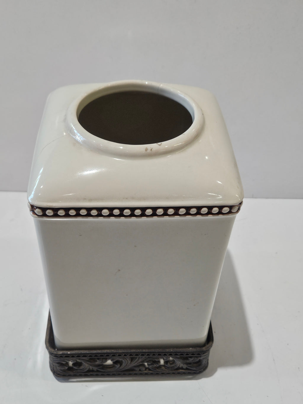 Precious Goods Ceramic Tissue Box Cover With Decorative Metal Scroll Base Ivory