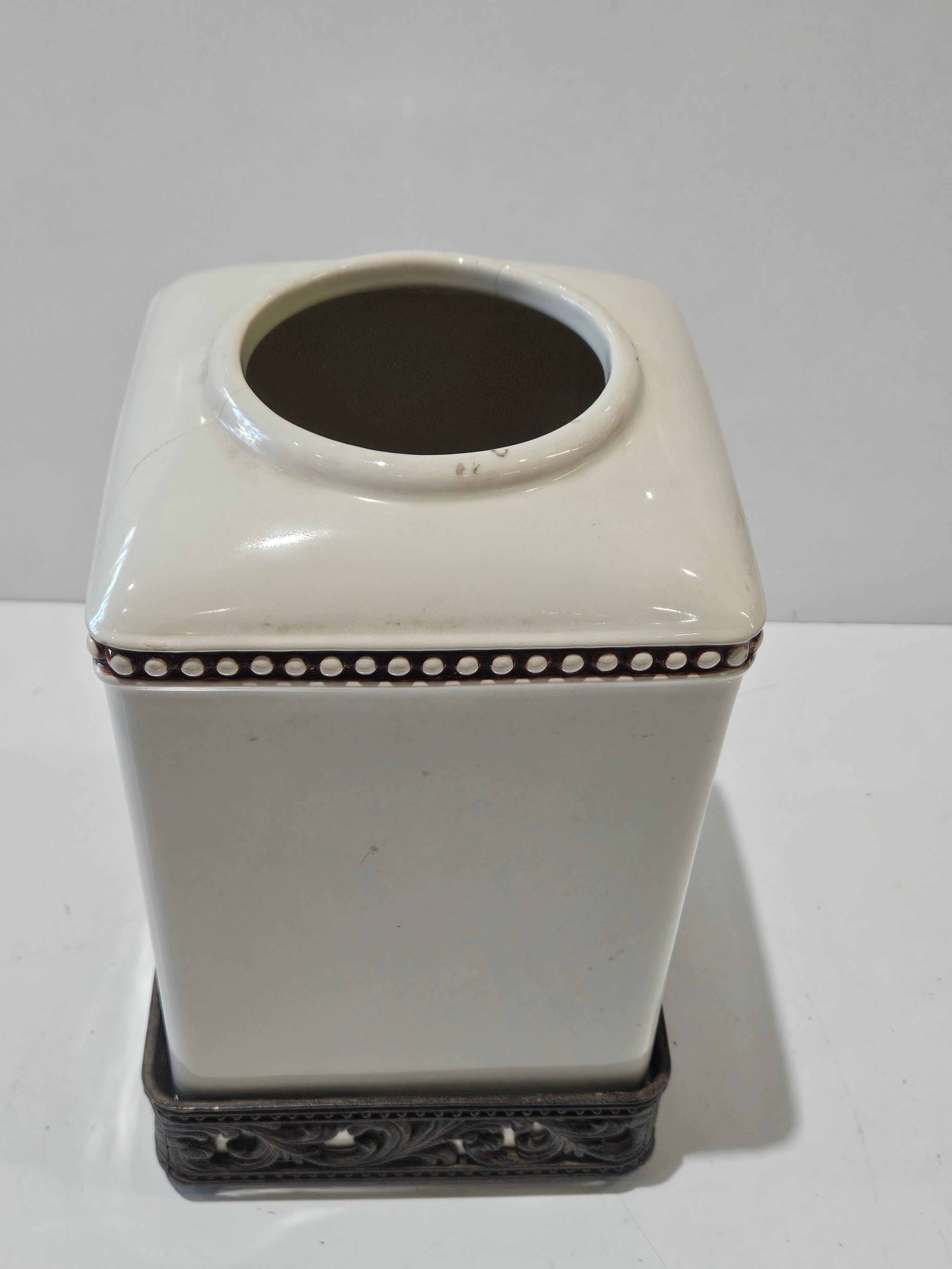 Precious Goods Ceramic Tissue Box Cover With Decorative Metal Scroll Base Ivory