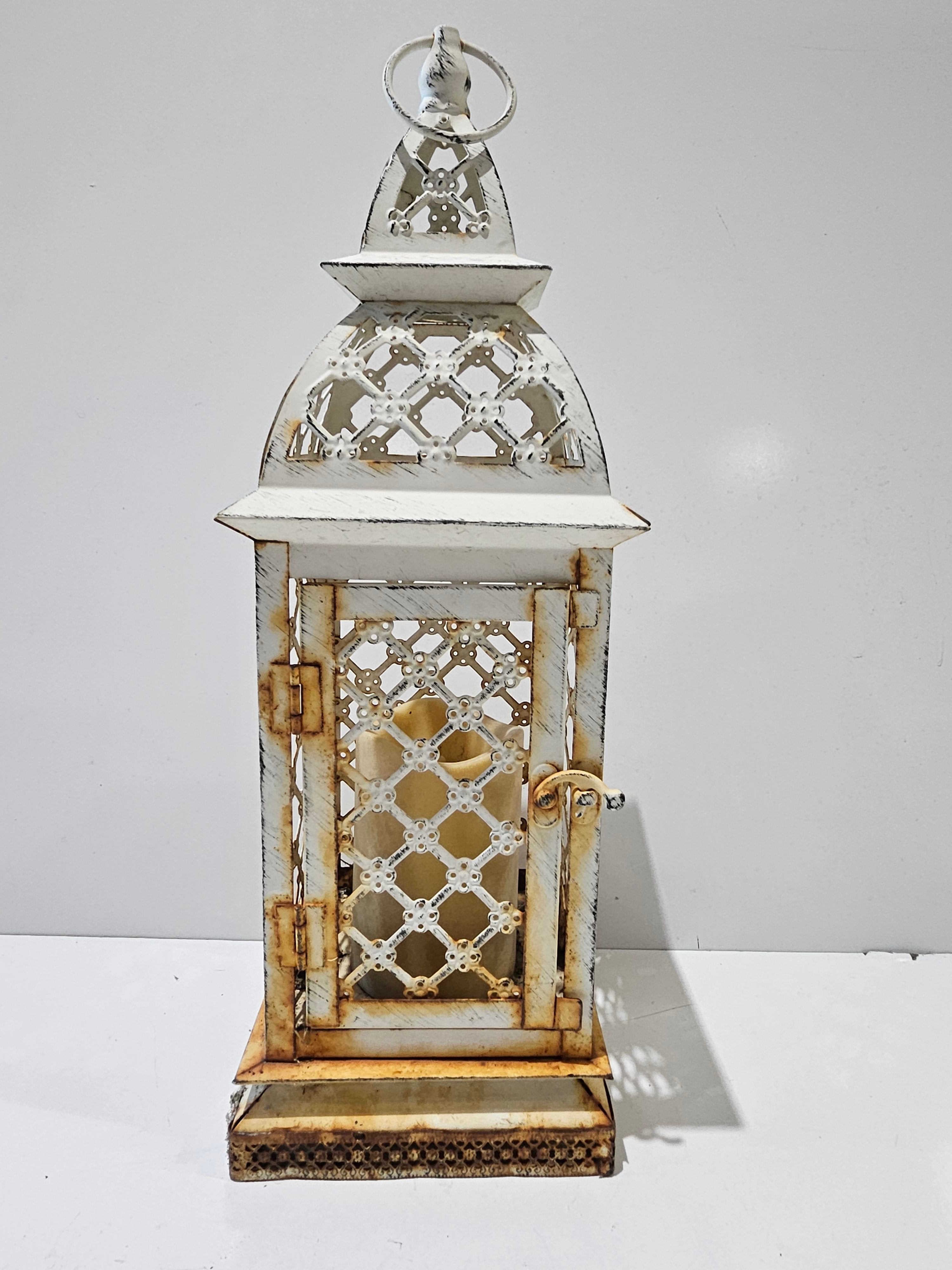 Distressed White Metal Decorative Candle Lantern With LED Pillar Farmhouse Decor