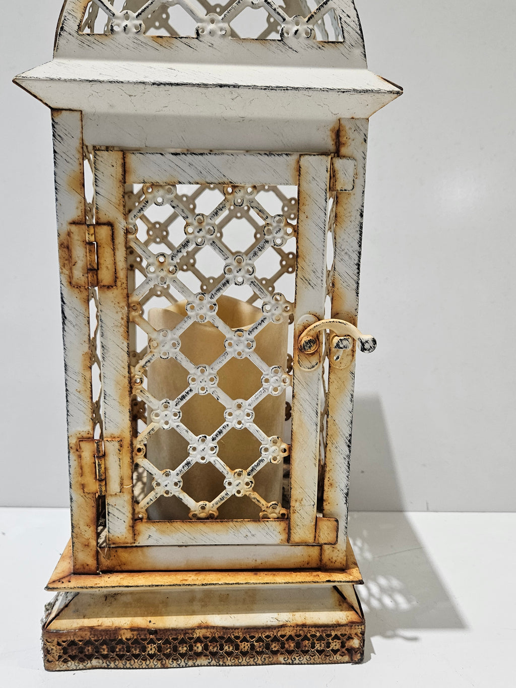 Distressed White Metal Decorative Candle Lantern With LED Pillar Farmhouse Decor