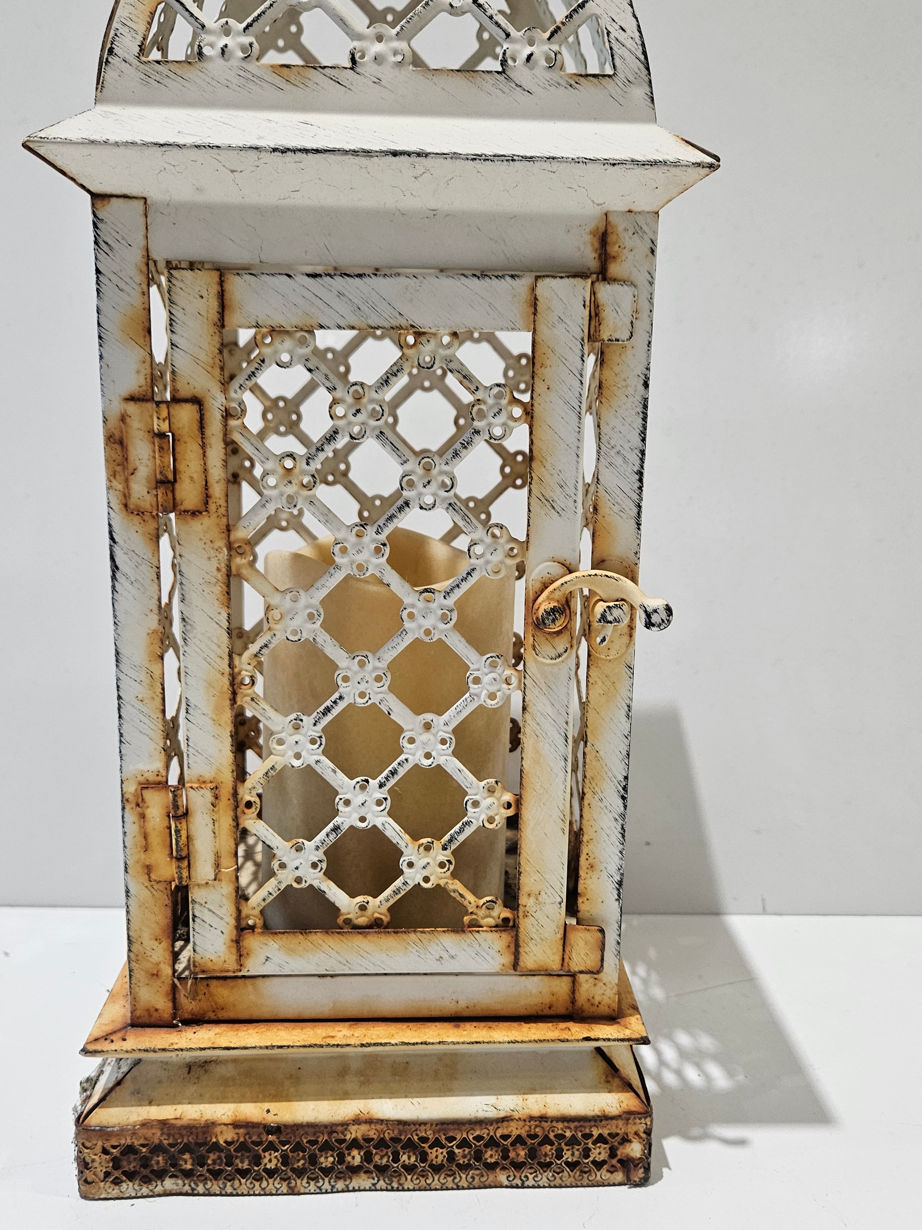 Distressed White Metal Decorative Candle Lantern With LED Pillar Farmhouse Decor