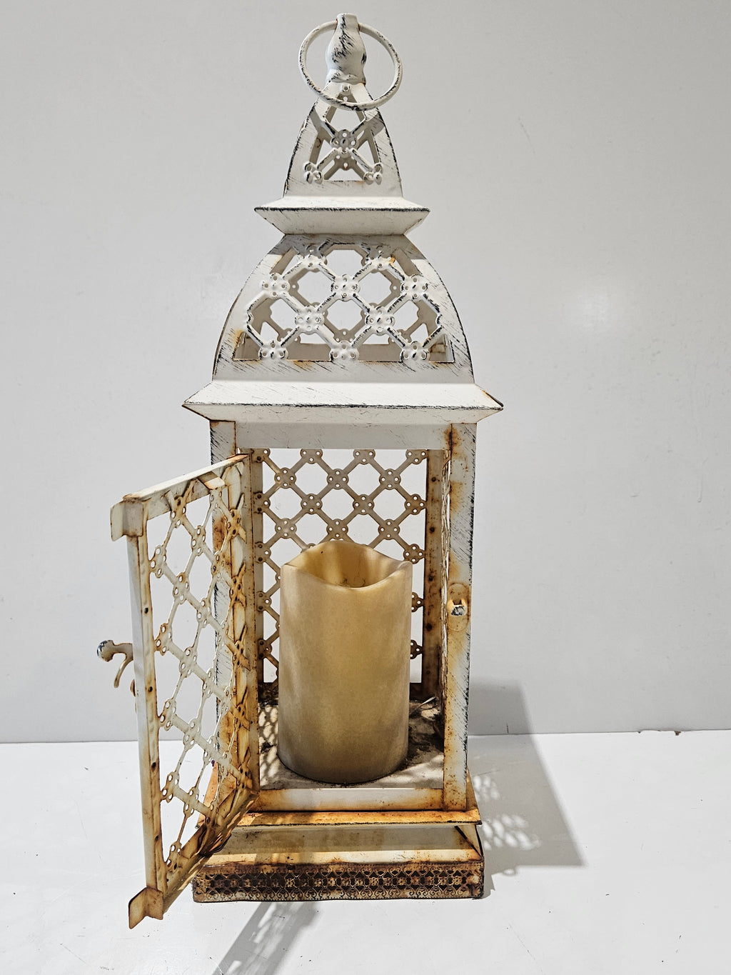 Distressed White Metal Decorative Candle Lantern With LED Pillar Farmhouse Decor