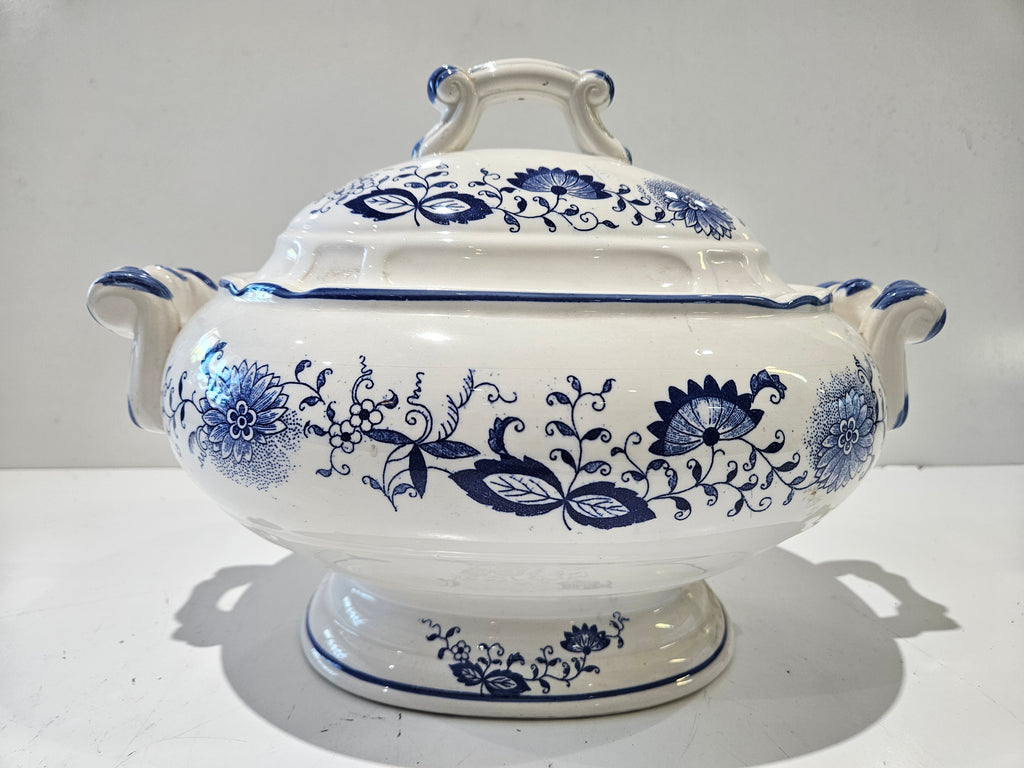 Vintage Blue White Floral Transferware Covered Tureen Serving Bowl Pedestal Dish
