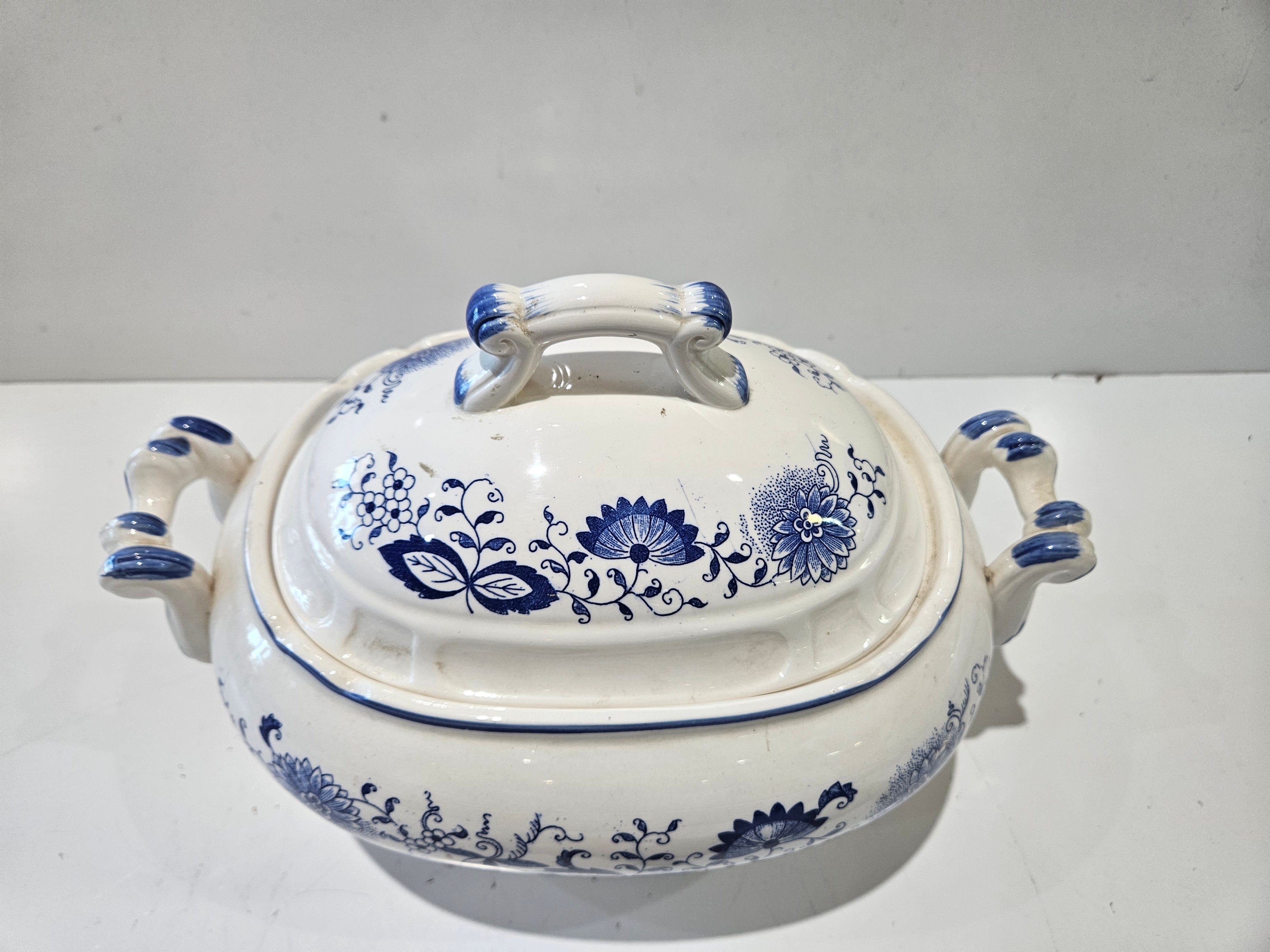 Vintage Blue White Floral Transferware Covered Tureen Serving Bowl Pedestal Dish