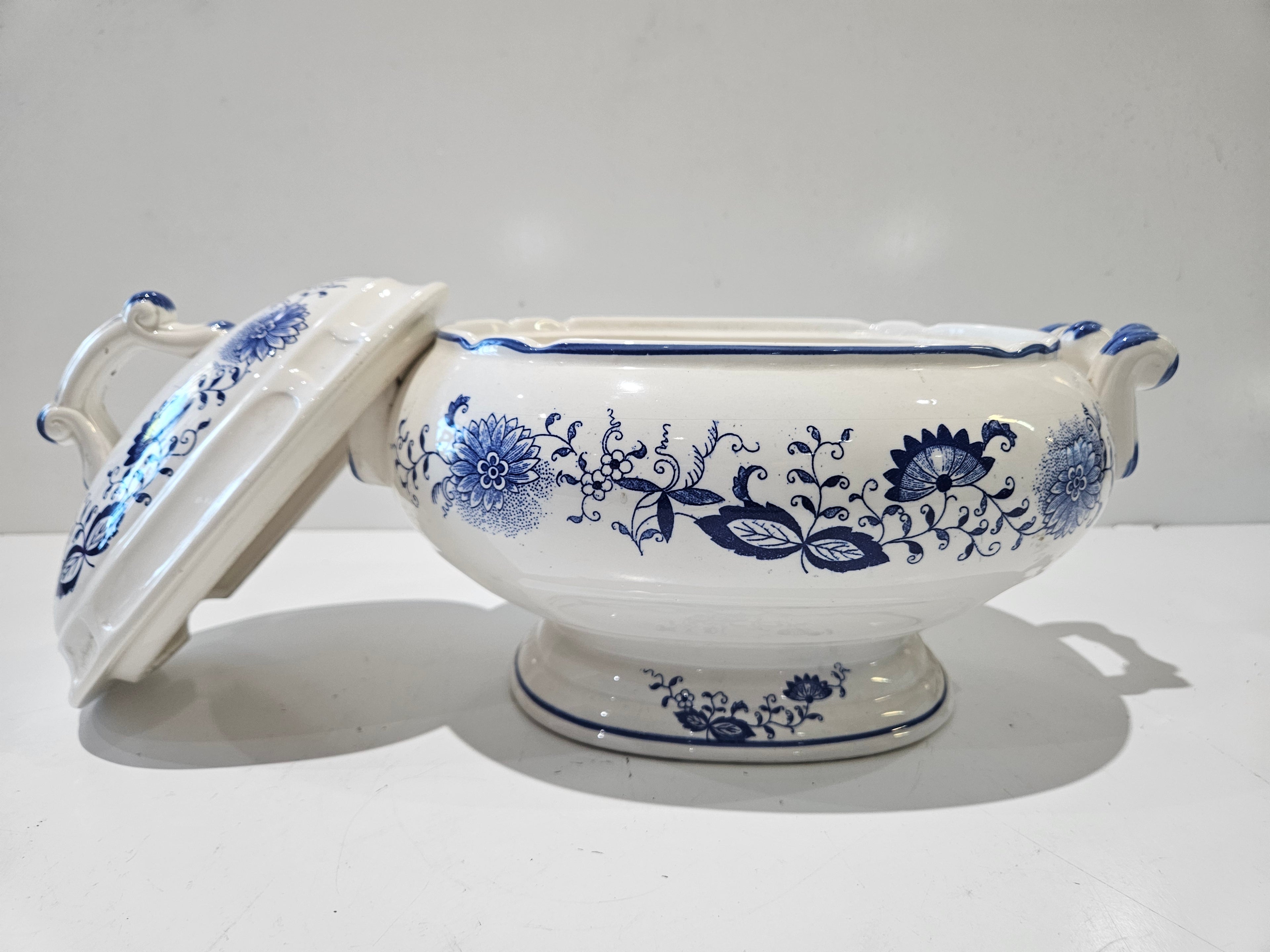 Vintage Blue White Floral Transferware Covered Tureen Serving Bowl Pedestal Dish