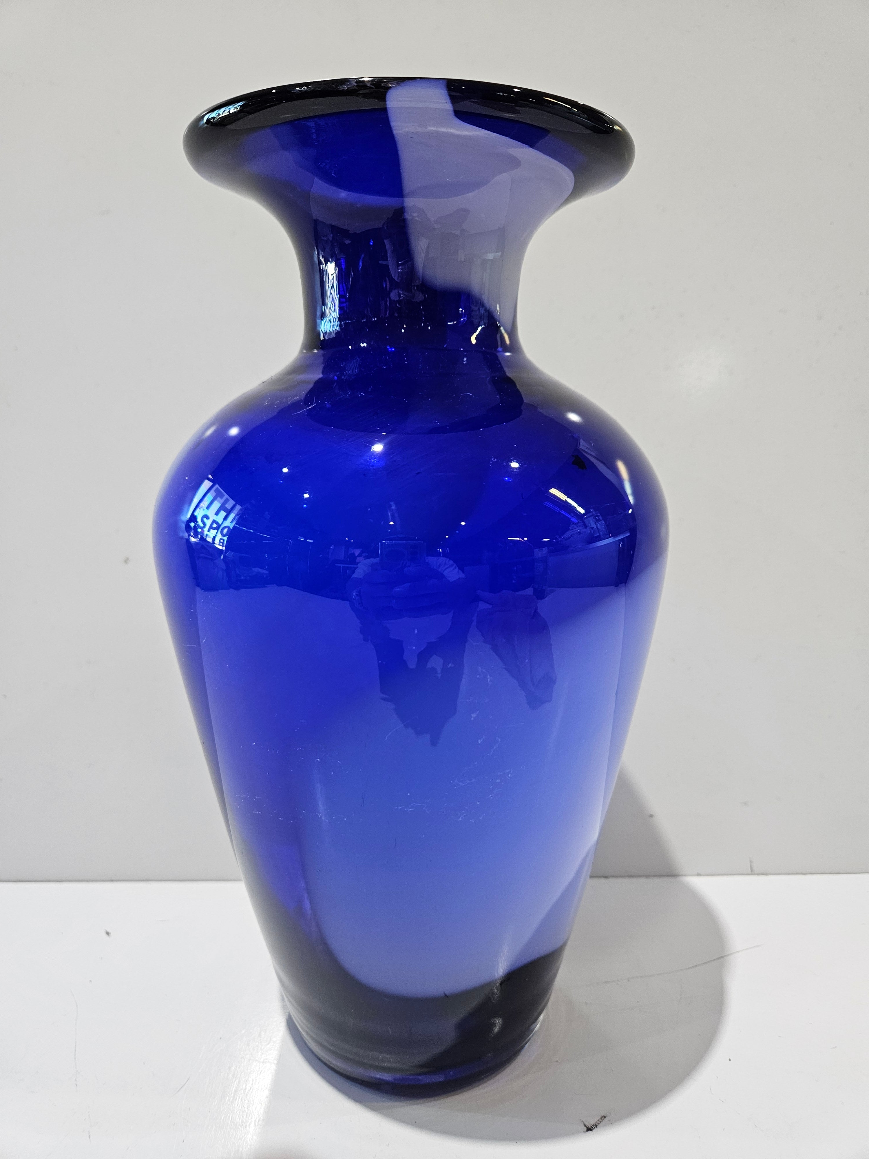 Vintage Cobalt Blue Art Glass Flared Rim Vase Hand Blown Decorative Display Vase