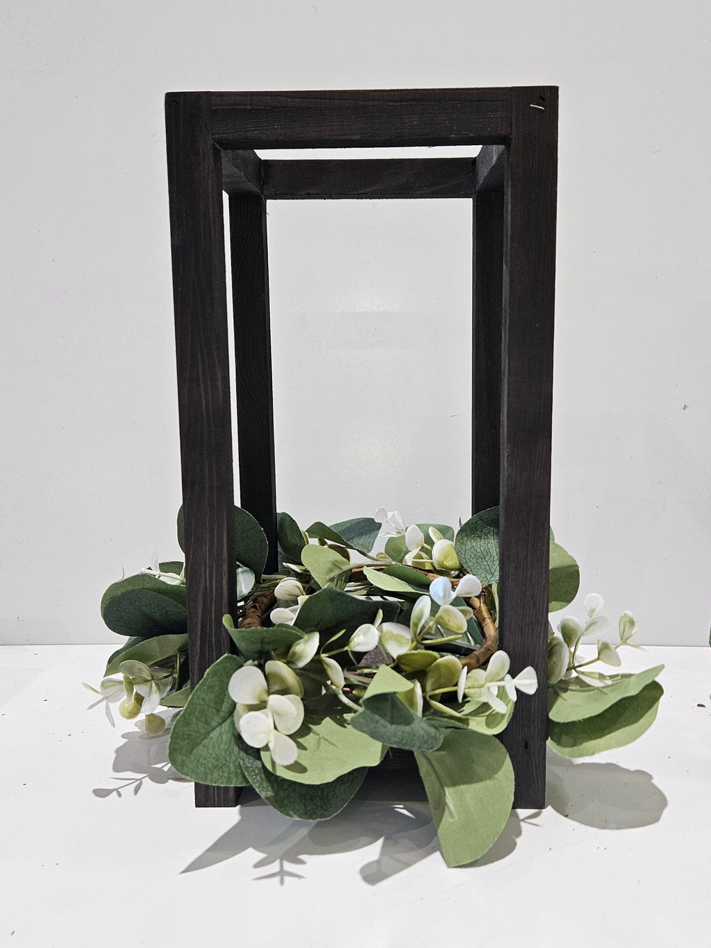 Rustic Wooden Lantern Centerpiece With Faux Eucalyptus Wreath Farmhouse Decor
