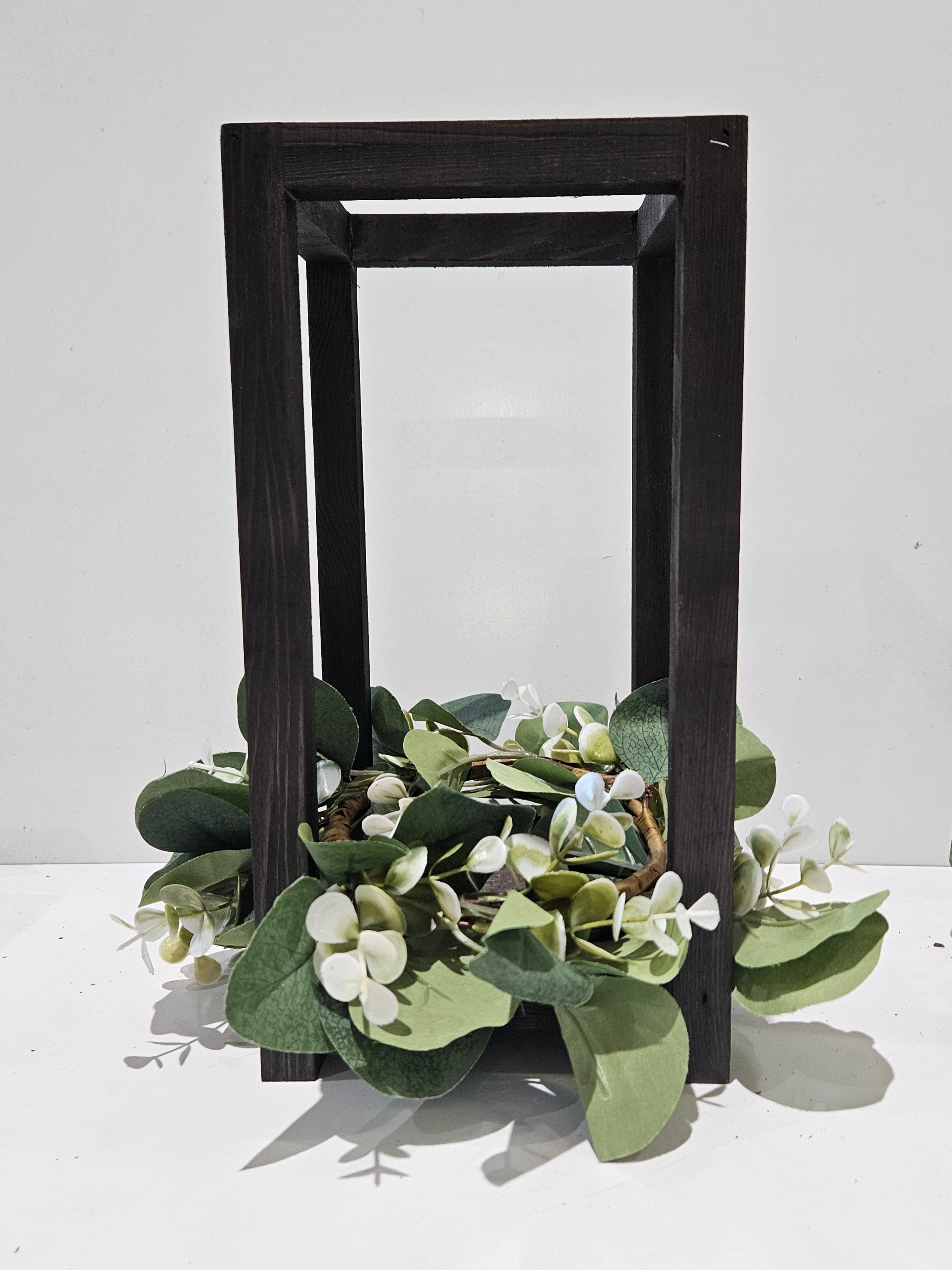 Rustic Wooden Lantern Centerpiece With Faux Eucalyptus Wreath Farmhouse Decor