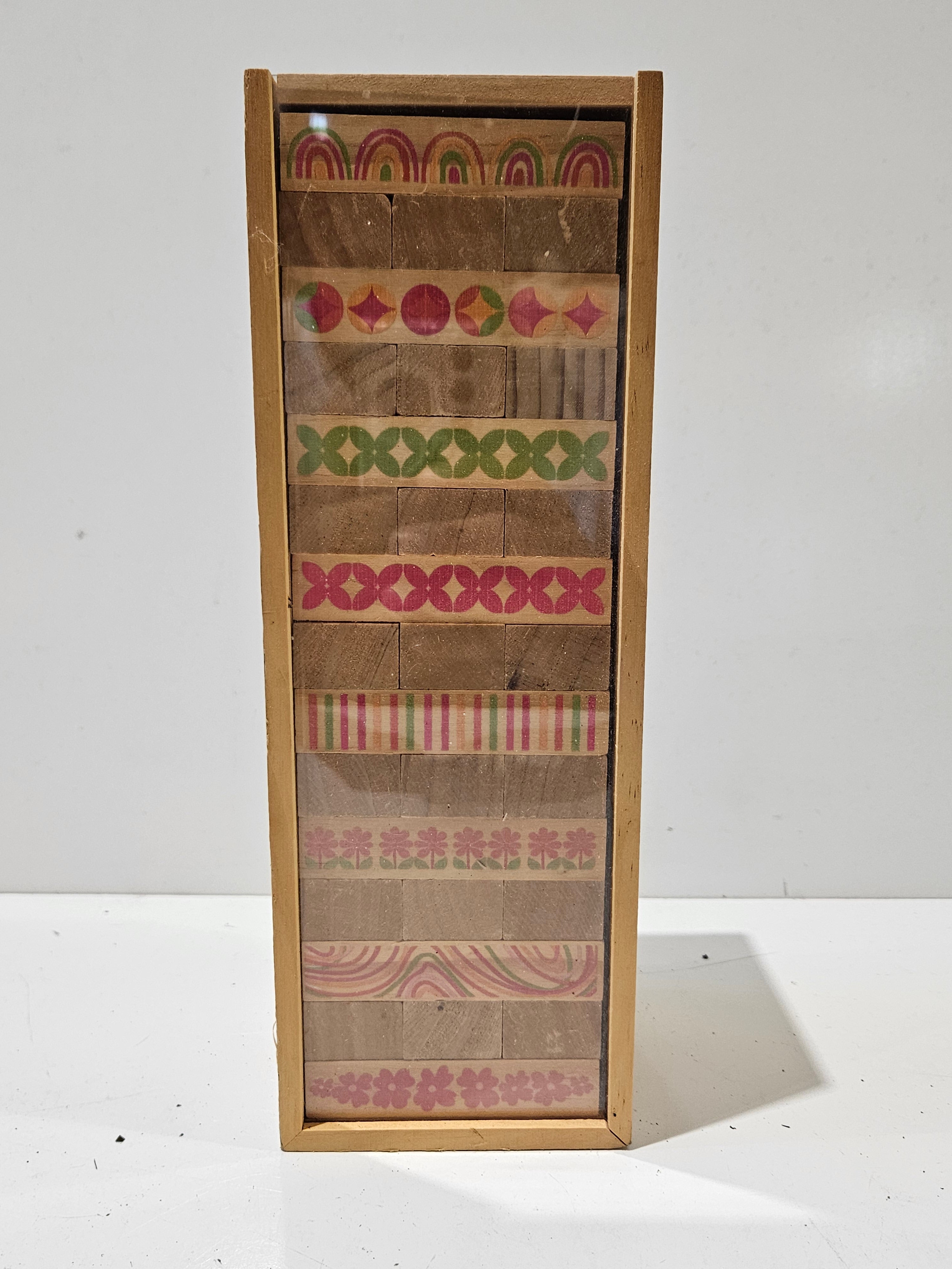 Vintage Wooden Pattern Building Blocks Set In Original Storage Tray Educational Toy