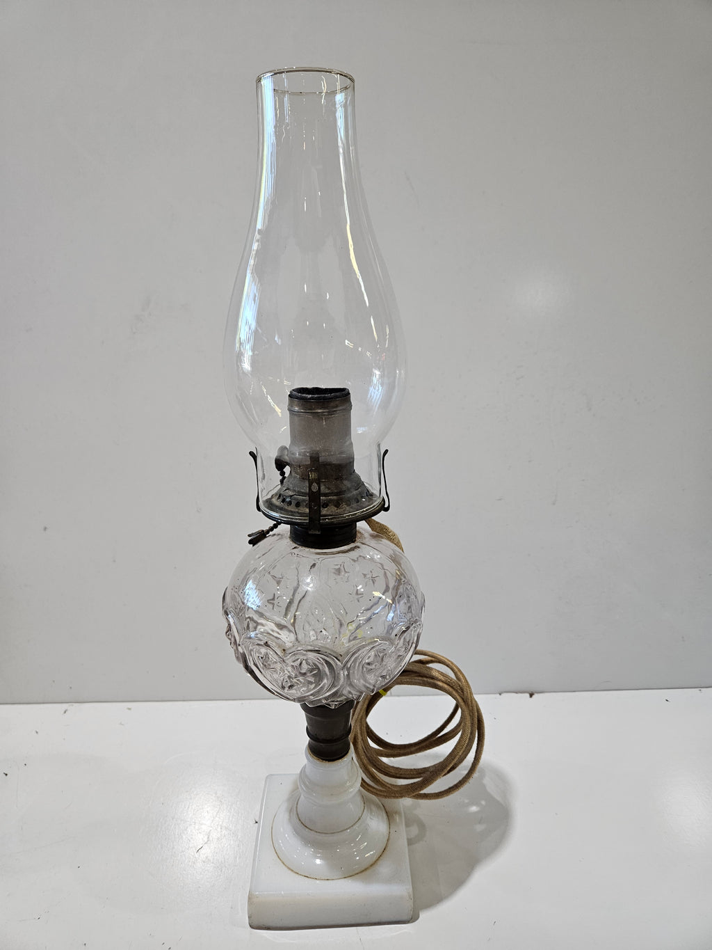 Vintage Electrified Oil Lamp Milk Glass Base Pressed Glass Font Hurricane Shade