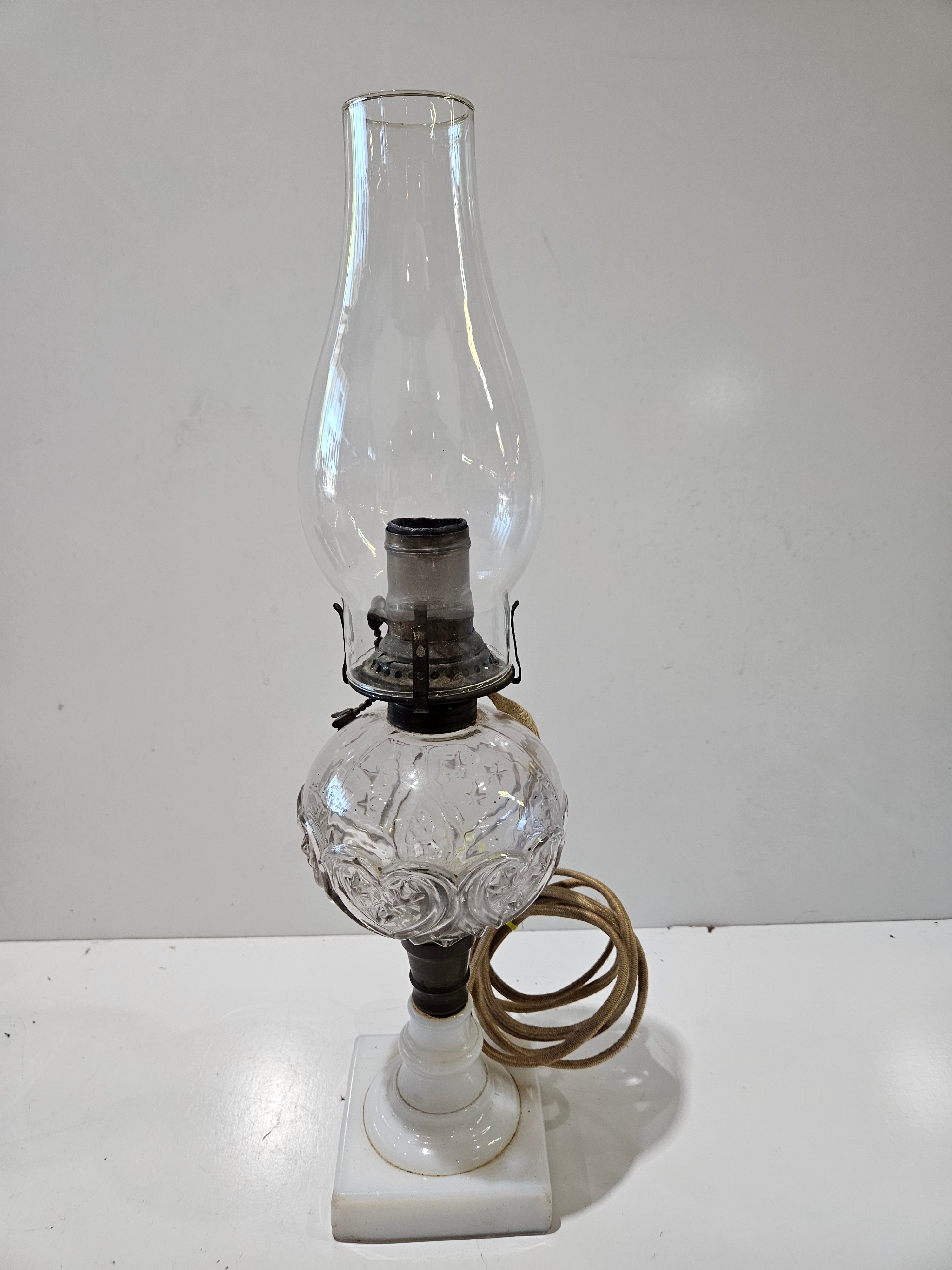 Vintage Electrified Oil Lamp Milk Glass Base Pressed Glass Font Hurricane Shade