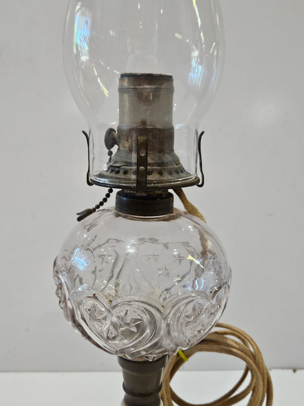 Vintage Electrified Oil Lamp Milk Glass Base Pressed Glass Font Hurricane Shade