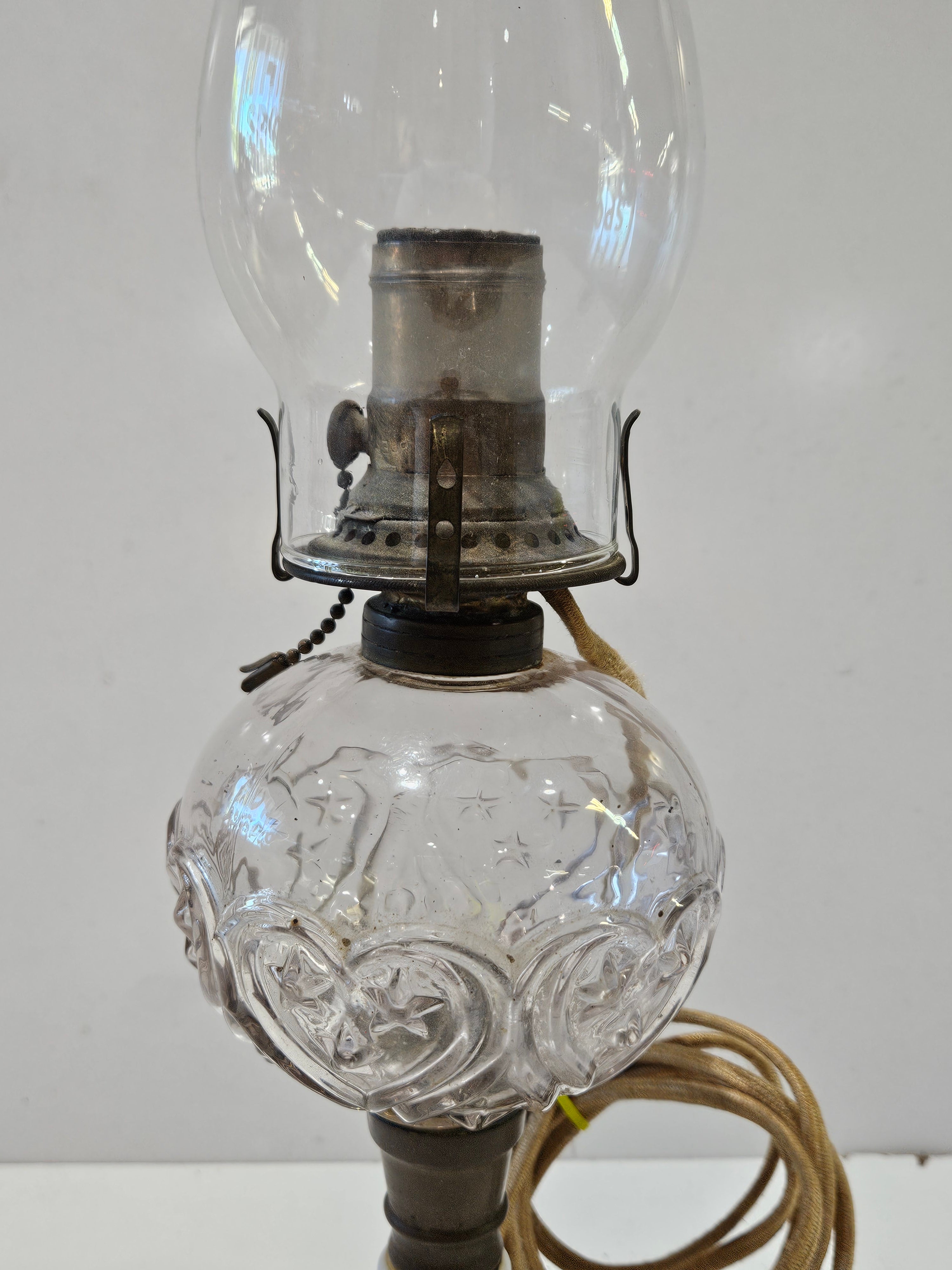 Vintage Electrified Oil Lamp Milk Glass Base Pressed Glass Font Hurricane Shade