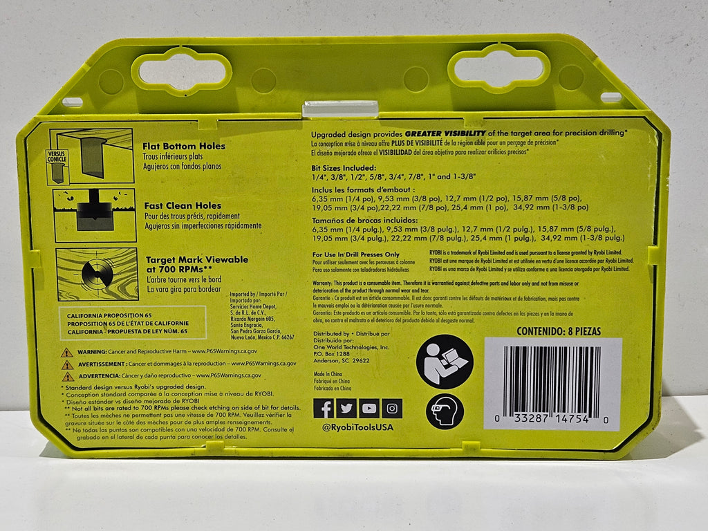 Ryobi A9FS8R1 8 Piece Forstner Drill Bit Set Wood Flat Bottom Hole Cutter Set