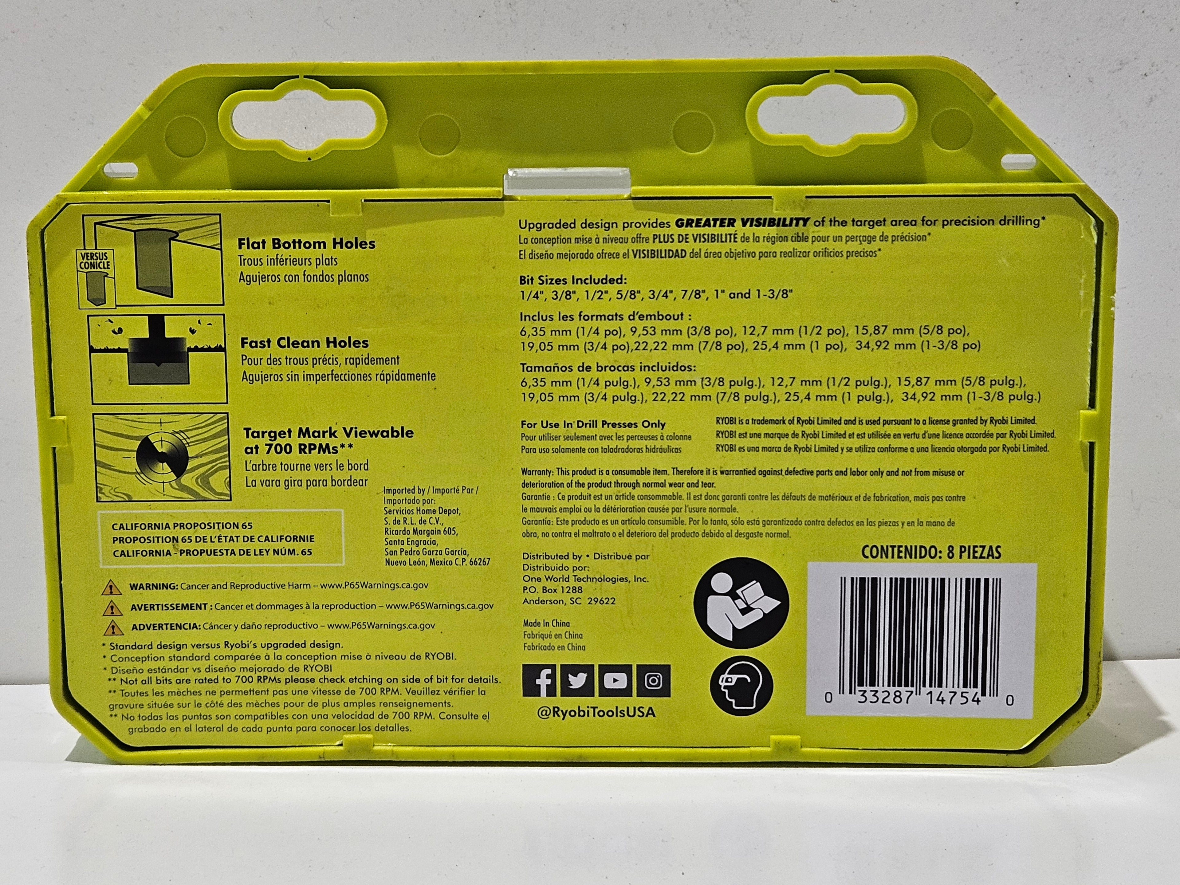 Ryobi A9FS8R1 8 Piece Forstner Drill Bit Set Wood Flat Bottom Hole Cutter Set