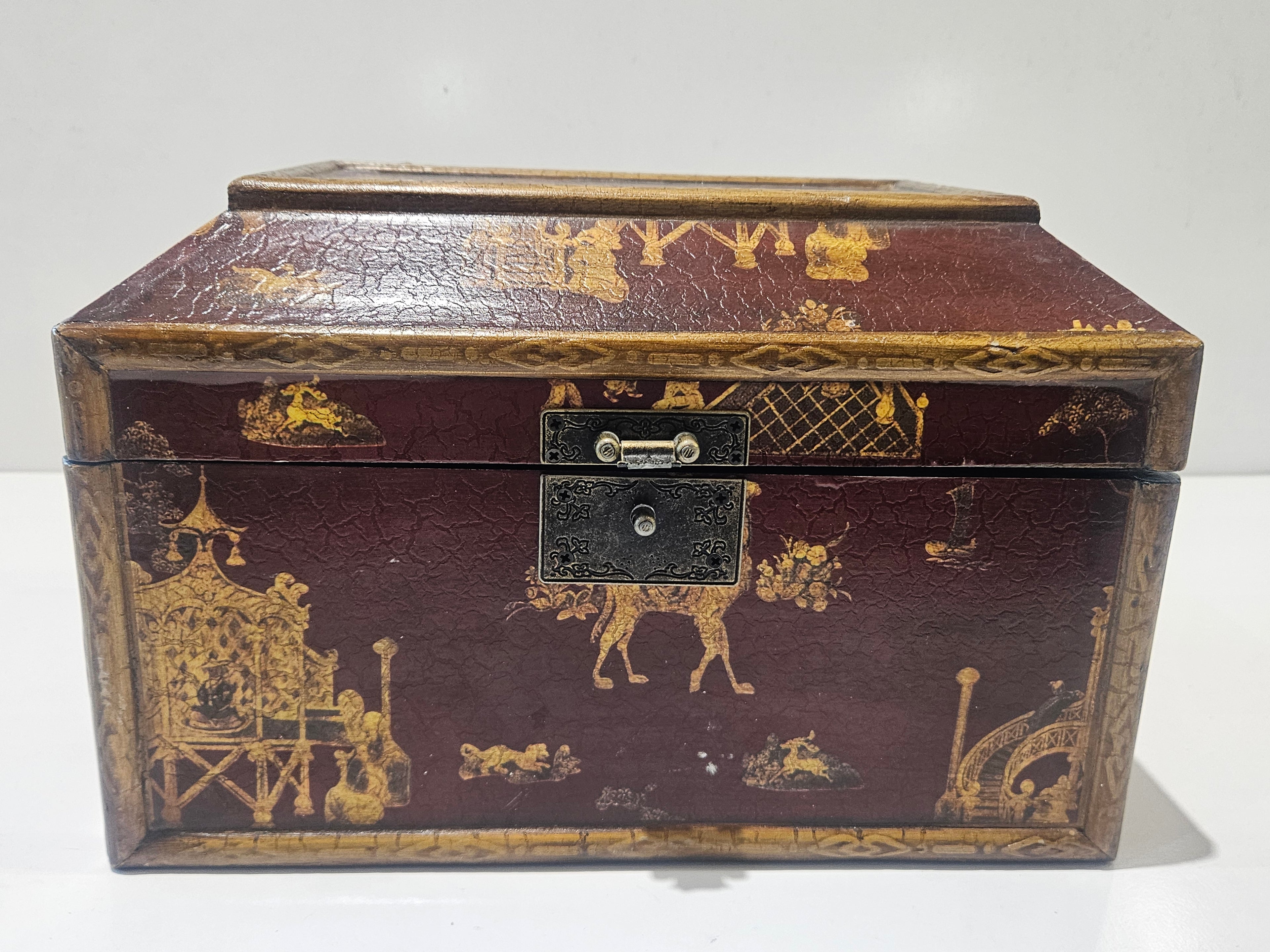 Decorative Asian Style Wooden Keepsake Jewelry Box Hinged Lid Velvet Lined Storage Chest