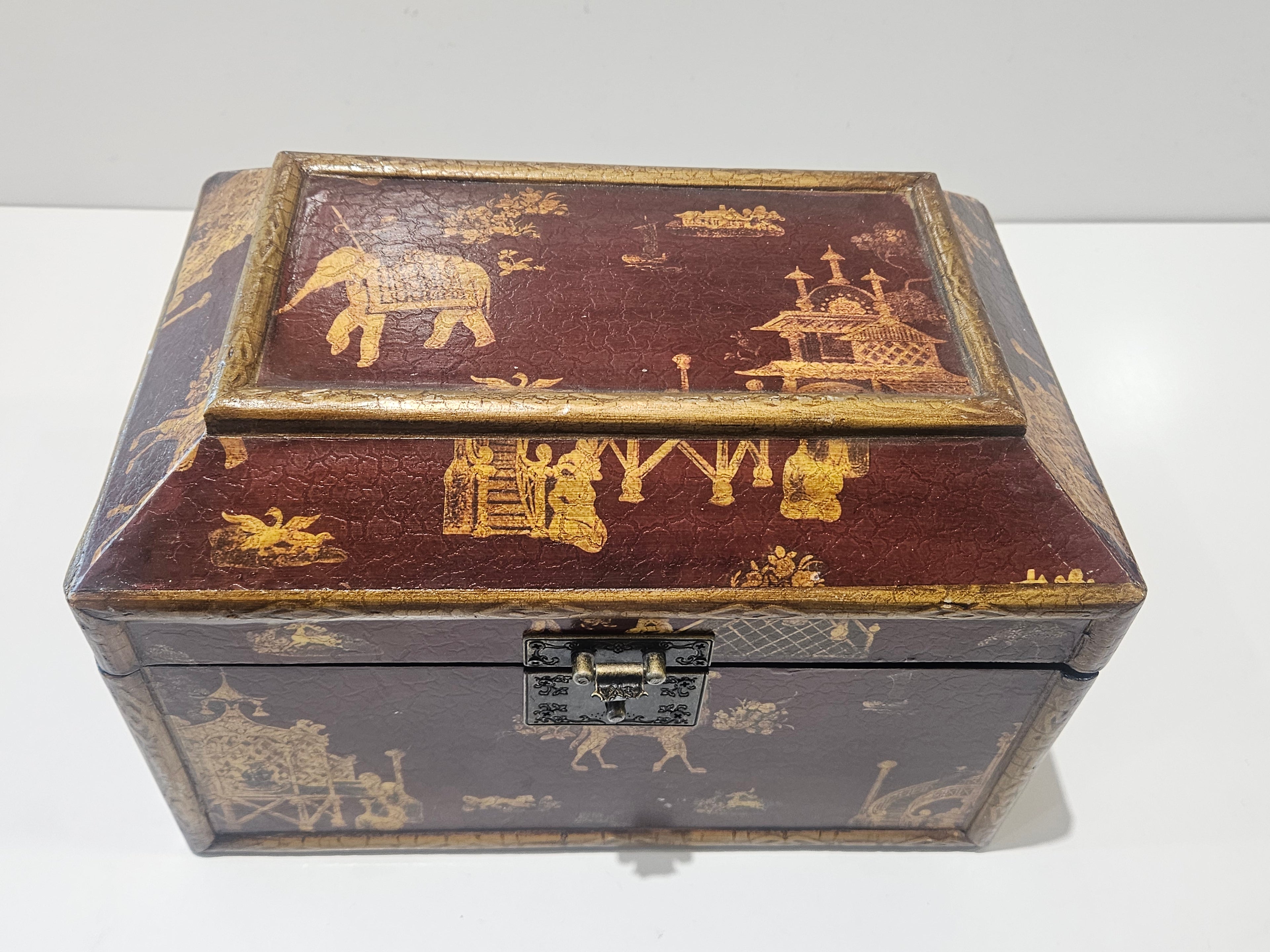 Decorative Asian Style Wooden Keepsake Jewelry Box Hinged Lid Velvet Lined Storage Chest