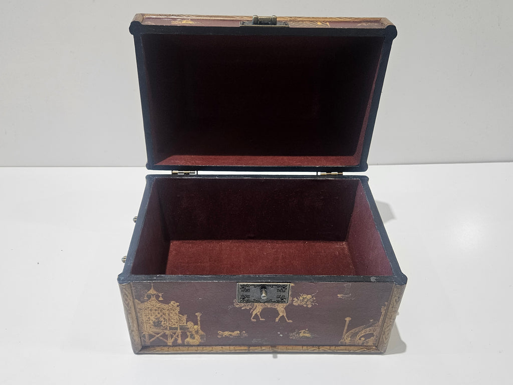 Decorative Asian Style Wooden Keepsake Jewelry Box Hinged Lid Velvet Lined Storage Chest