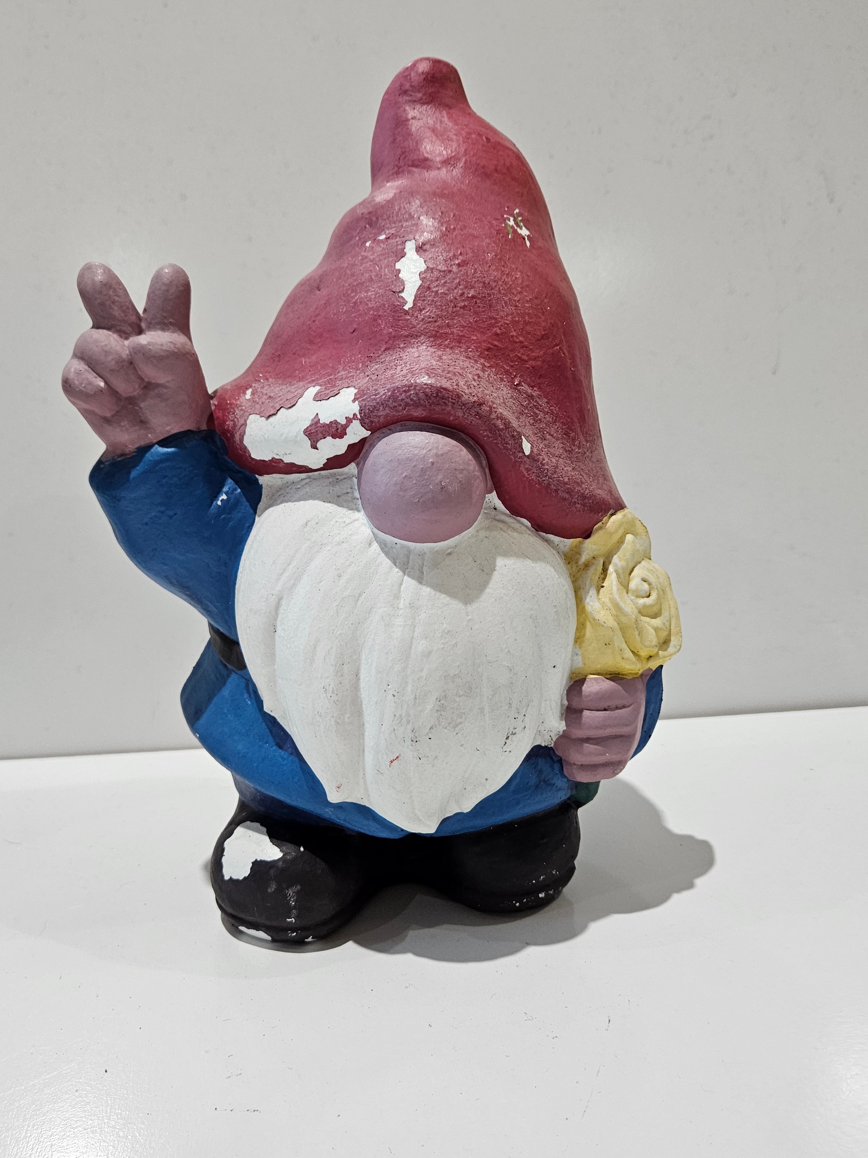 Garden Gnome Peace Sign Holding Yellow Flower Outdoor Patio Lawn Decor Statue