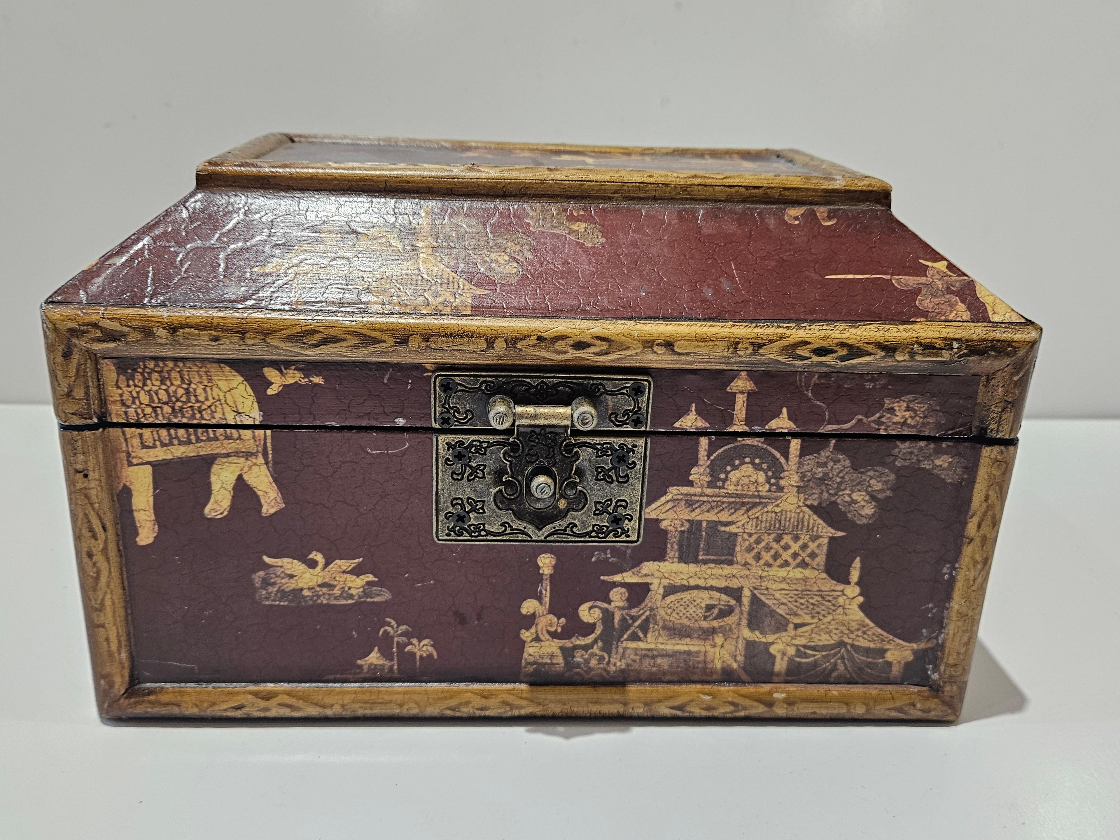 Decorative Asian Style Wooden Keepsake Jewelry Box Hinged Lid Velvet Lined Storage Chest