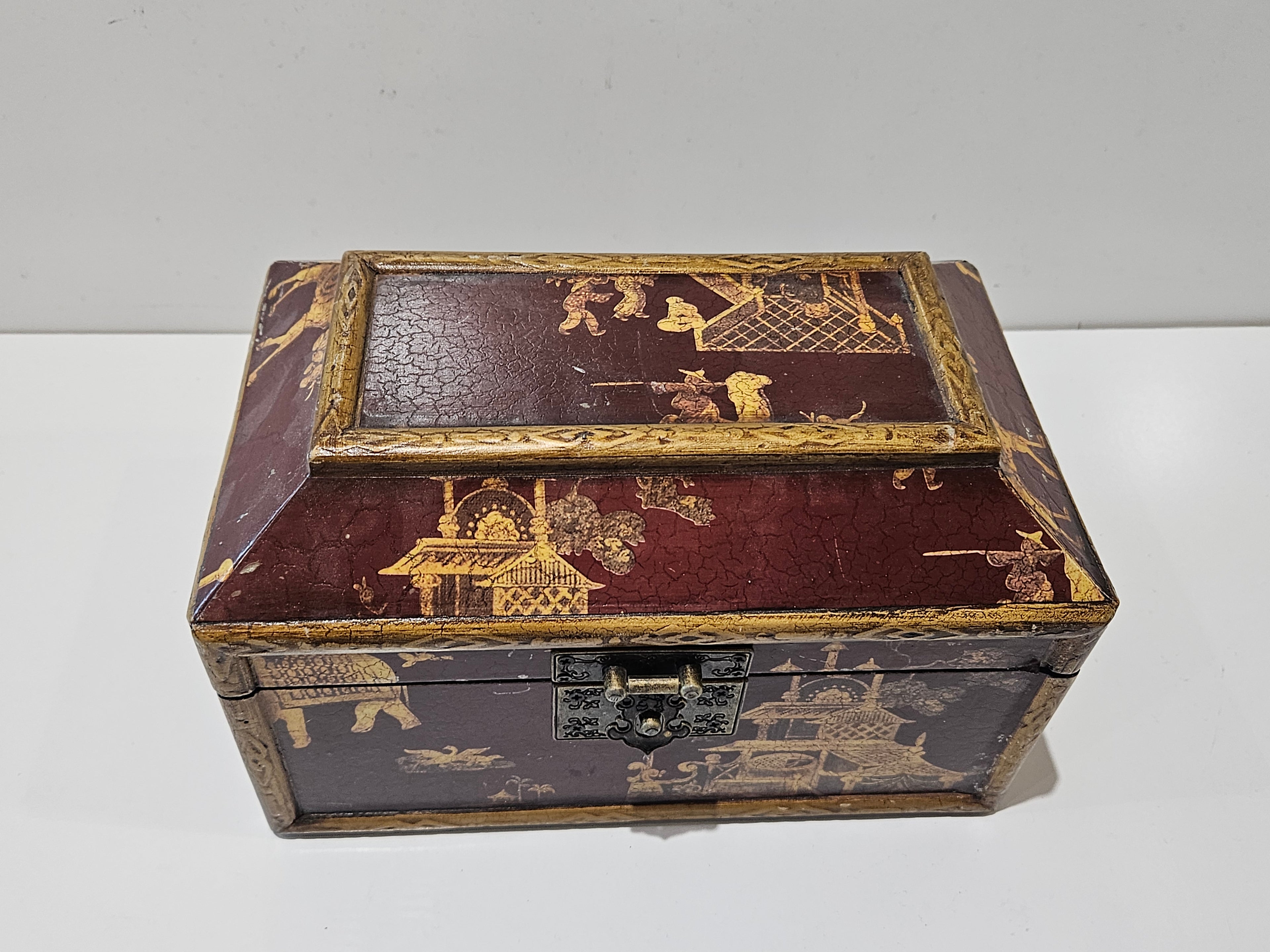 Decorative Asian Style Wooden Keepsake Jewelry Box Hinged Lid Velvet Lined Storage Chest