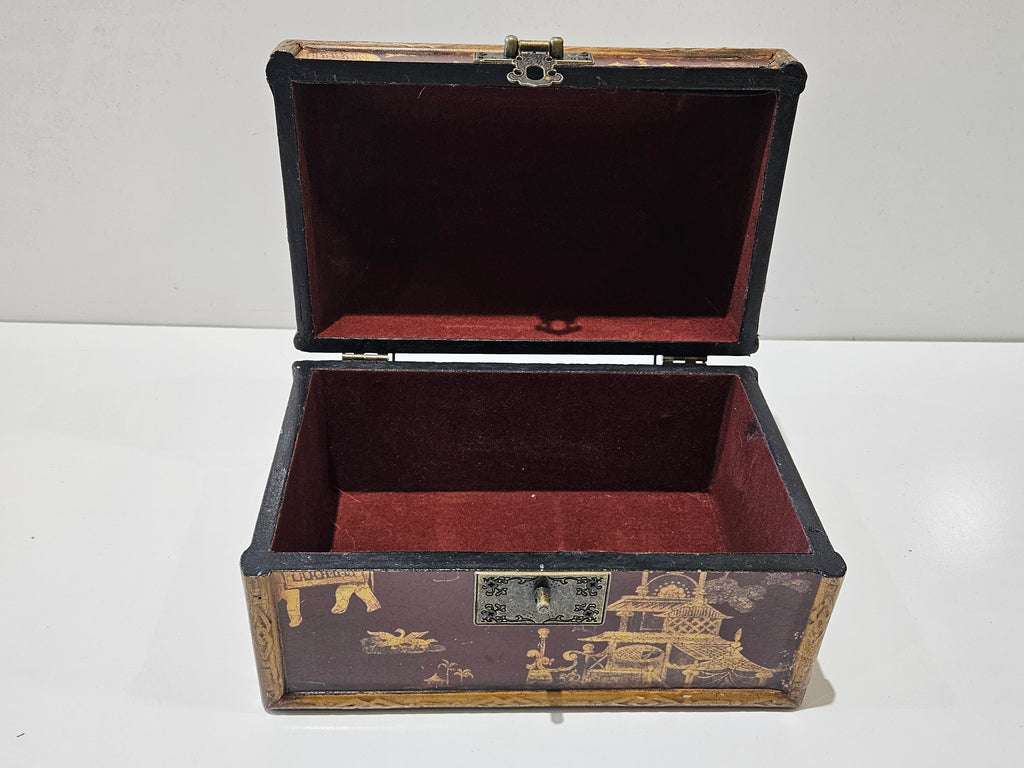 Decorative Asian Style Wooden Keepsake Jewelry Box Hinged Lid Velvet Lined Storage Chest