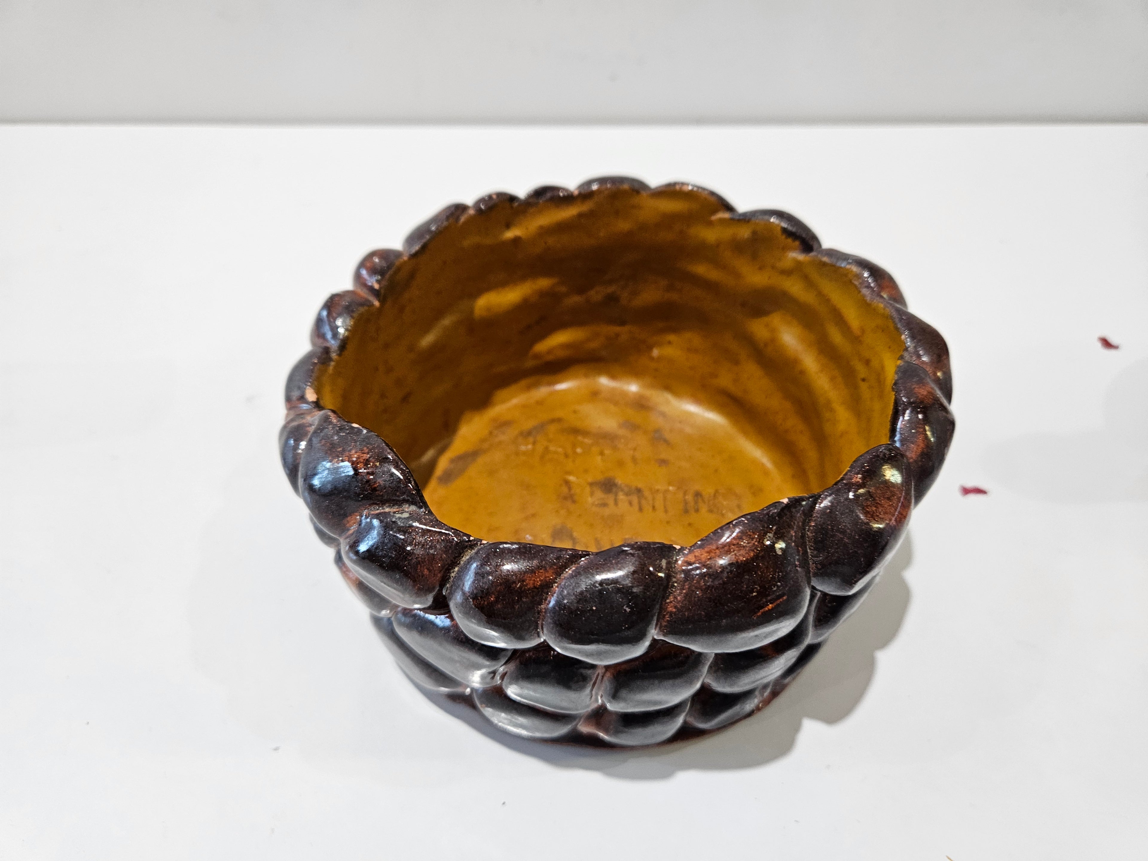 Mexican Pottery Brown Glazed Ceramic Cobblestone Textured Bowl Planter Decor