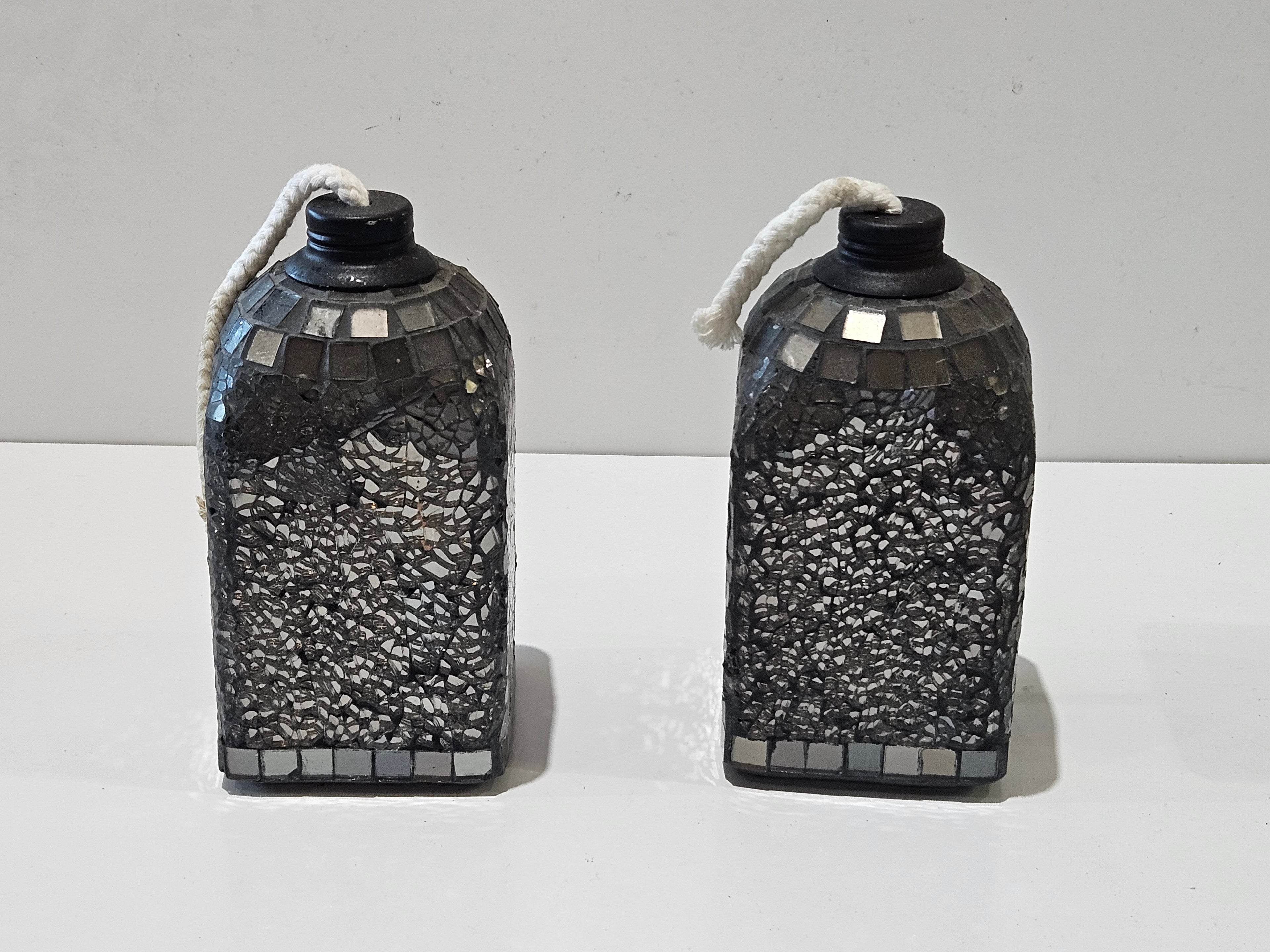 Black Silver Mosaic Lantern Candle Holders Mirrored Glass Rope Handle Decor