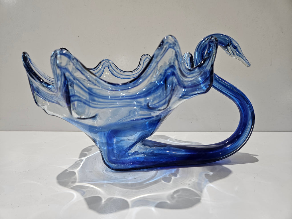 Blue Art Glass Swan Bowl Hand Blown Style Decorative Candy Dish Sculpture Decor