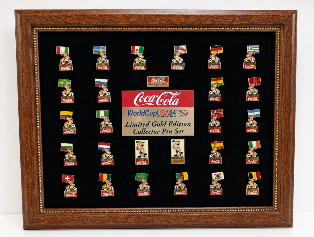Vintage 1994 Coca Cola World Cup USA 94 Limited Gold Pin Set Framed Display