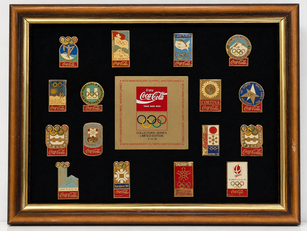 Vintage Coca Cola Olympic Winter Games 16th Anniversary Pin Set Framed Display